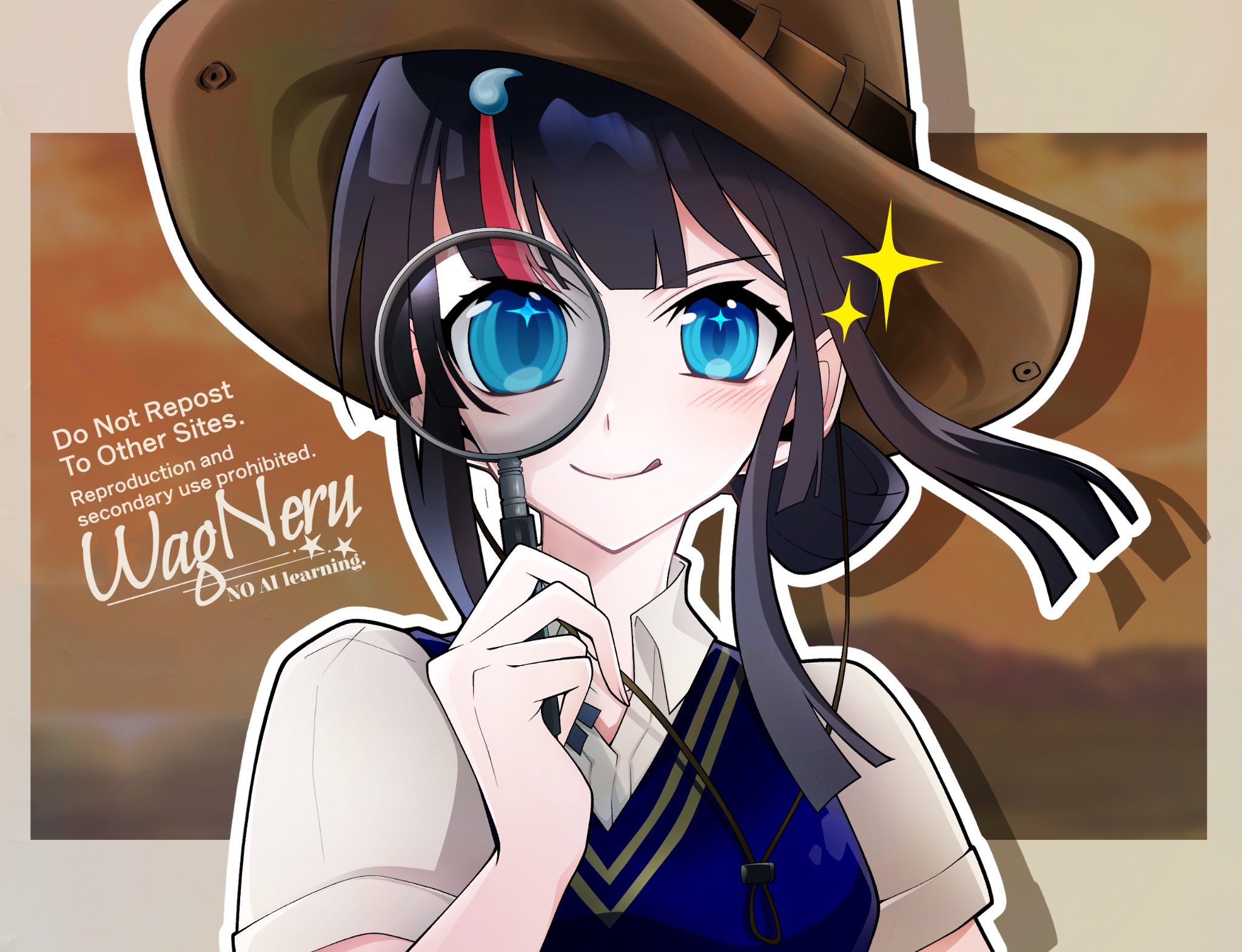 wagu neru, utsumi erice, fate/grand order, fate (series), highres, 1girl, black hair, blue eyes, blue vest, breasts, brown hat, collared shirt, hair ornament, hat, licking lips, looking at viewer, magatama, magatama hair ornament, magnifying glass, medium breasts, medium hair, multicolored hair, pink hair, shirt, short sleeves, sidelocks, smile, solo, sparkle, streaked hair, sweater vest, tongue, tongue out, vest, white shirt