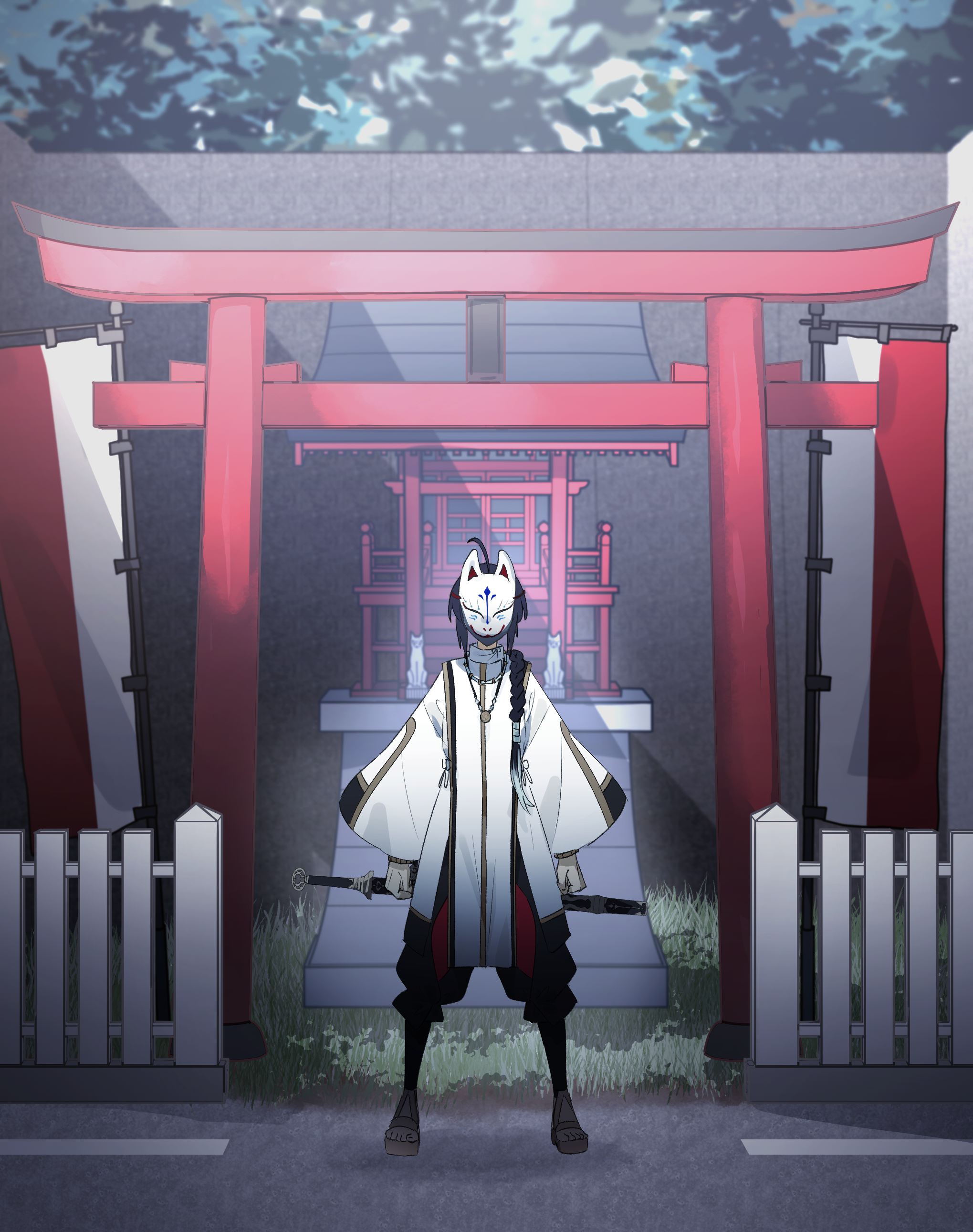 ninjin (ne f g o), yamato takeru (fate), fate/samurai remnant, fate (series), absurdres, commentary request, highres, 1other, ahoge, braid, flag, fox mask, fox statue, full body, hair over shoulder, japanese clothes, long hair, mask, other focus, outdoors, solo, standing, sword, sword on back, torii, weapon, weapon on back