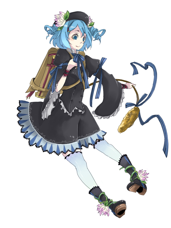 zen (pixiv), zen (raspberry), kawashiro nitori, touhou, 1girl, backpack, bag, blue eyes, blue hair, boots, cattail, dress, drill hair, female focus, flower, gothic lolita, hat, lolita fashion, matching hair/eyes, plant, randoseru, short hair, solo, thighhighs, twin drills, twintails, two side up