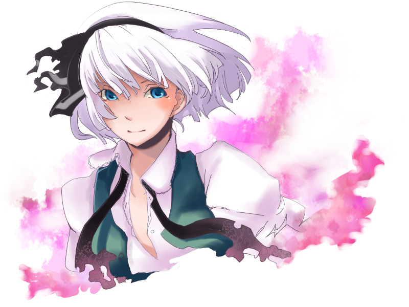 zen (pixiv), zen (raspberry), konpaku youmu, touhou, 1girl, blue eyes, female focus, hairband, open clothes, open shirt, shirt, short hair, solo, upper body, white background, white hair