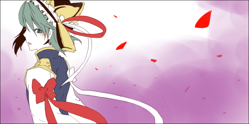 zen (pixiv), zen (raspberry), shiki eiki, touhou, 1girl, female focus, green eyes, green hair, matching hair/eyes, petals, solo
