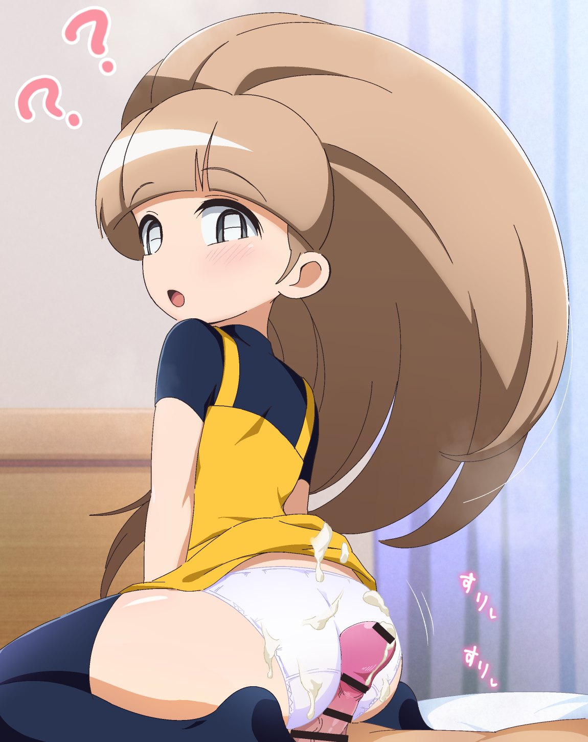 laika (s4005146), meganeko (battle spirits), battle spirits, battle spirits: shounen toppa bashin, commentary, commission, highres, skeb commission, 1boy, 1girl, :o, ?, ??, arched bangs, arms between legs, ass, bar censor, bed, bed sheet, bedroom, black shirt, black thighhighs, blush, brown hair, buttjob, censored, clothed female nude male, clothes lift, cum, cum on ass, cum on body, cum on clothes, curtains, dress, dress lift, ejaculation, erection, from behind, grey eyes, high ponytail, indoors, long hair, looking at viewer, motion lines, no shoes, nude, on bed, open mouth, panties, penis, pinafore dress, ponytail, seiza, shirt, short sleeves, sitting, sleeveless, sleeveless dress, smile, solo focus, split mouth, tareme, thighhighs, twitching penis, underwear, very long hair, white panties, yellow dress