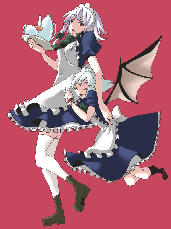 zen (pixiv), zen (raspberry), izayoi sakuya, remilia scarlet, touhou, 2girls, bat wings, bow, braid, cosplay, cup, female focus, hair ribbon, izayoi sakuya (cosplay), maid, multiple girls, ribbon, thighhighs, twin braids, white thighhighs, wings