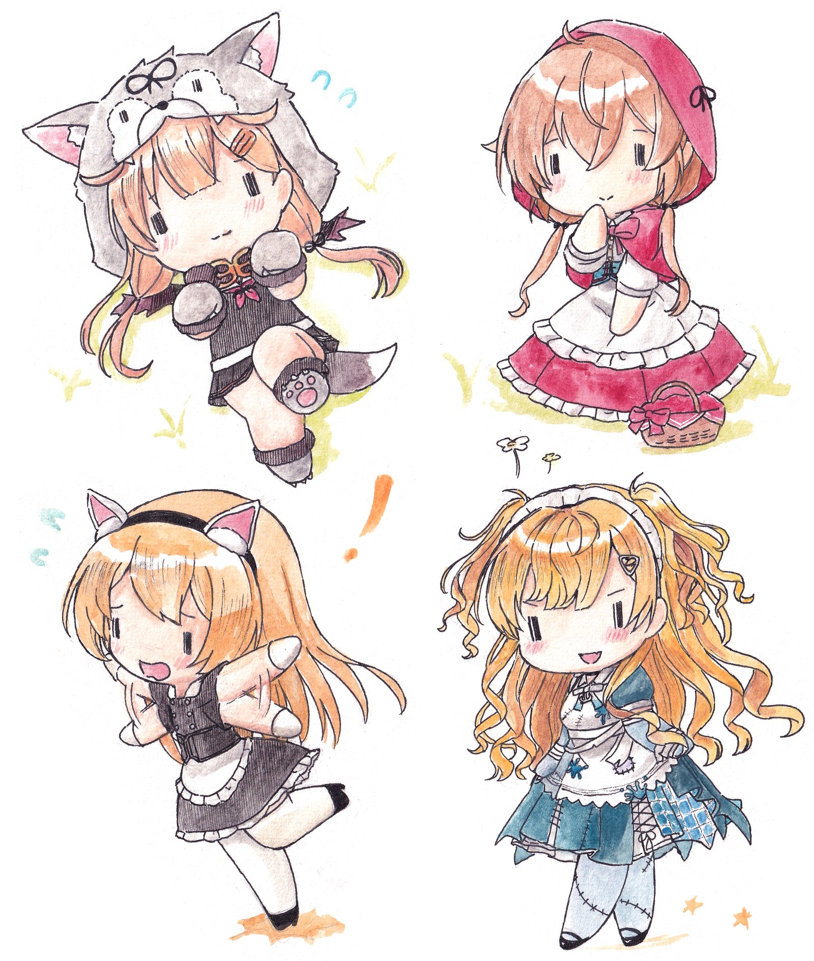 poipoi purin, jervis (kancolle), minneapolis (kancolle), murasame (kancolle), murasame kai ni (kancolle), yuudachi (halloween) (kancolle), yuudachi (kancolle), yuudachi kai ni (kancolle), kantai collection, commentary request, highres, !, 4girls, animal ears, animal hands, animal hood, apron, basket, blonde hair, chibi, chibi only, dress, fake animal ears, fake tail, flower, flying sweatdrops, gloves, hair ornament, hairclip, halloween costume, hood, hood up, jervis (halloween) (kancolle), long hair, minneapolis (halloween) (kancolle), multiple girls, murasame (halloween) (kancolle), open mouth, patchwork clothes, paw gloves, paw pose, short sleeves, simple background, sitting, star (symbol), tail, two side up, waist apron