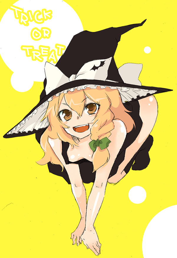chako nejio, kazuki, kirisame marisa, touhou, bad id, bad pixiv id, 1girl, all fours, blonde hair, braid, brown eyes, brown hair, female focus, hat, side braid, socks, solo, witch hat