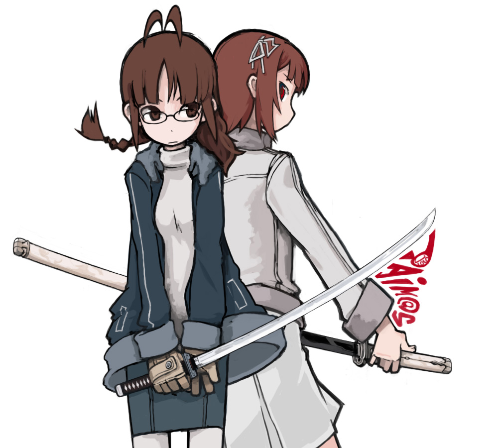 tugeneko, akizuki ritsuko, amami haruka, idolmaster, idolmaster (classic), idolmaster 1, 00s, ahoge, antenna hair, back-to-back, braid, brown eyes, brown hair, glasses, half braid, katana, looking back, red eyes, scabbard, sheath, short hair, sword, weapon