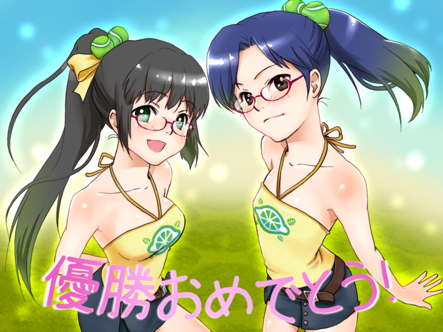 vuipui, ganaha hibiki, kisaragi chihaya, idolmaster, idolmaster (classic), idolmaster 1, 00s, bare shoulders, blue hair, blush, brown eyes, brown hair, flat chest, glasses, green eyes, long hair, ponytail, skirt, smile