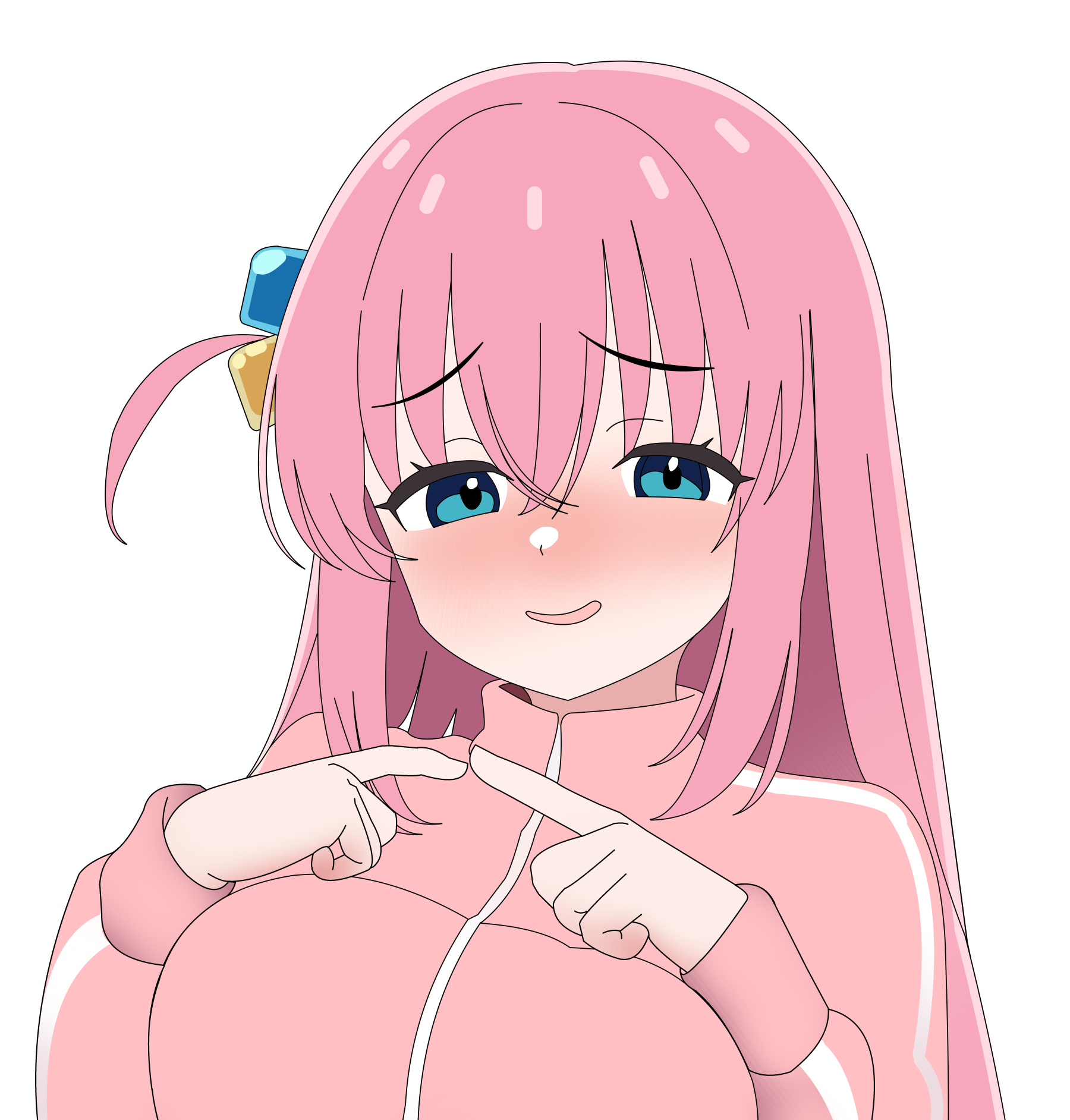 reisenzero, gotoh hitori, bocchi the rock!, highres, 1girl, blue eyes, blush, breasts, cube hair ornament, hair between eyes, hair ornament, jacket, long hair, long sleeves, looking at viewer, one side up, open mouth, pink hair, pink jacket, pink track suit, side ahoge, simple background, smile, solo, track jacket, track suit, white background