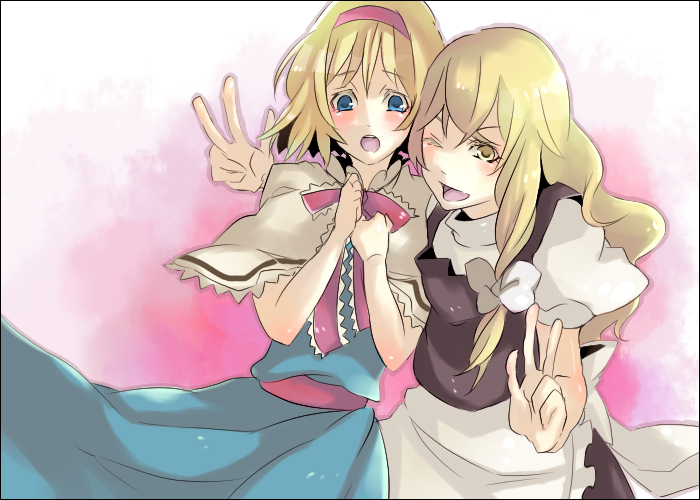 zen (pixiv), zen (raspberry), alice margatroid, kirisame marisa, touhou, 2girls, blonde hair, blue eyes, blush, female focus, hair ribbon, hairband, multiple girls, ribbon, short hair, wink, yellow eyes