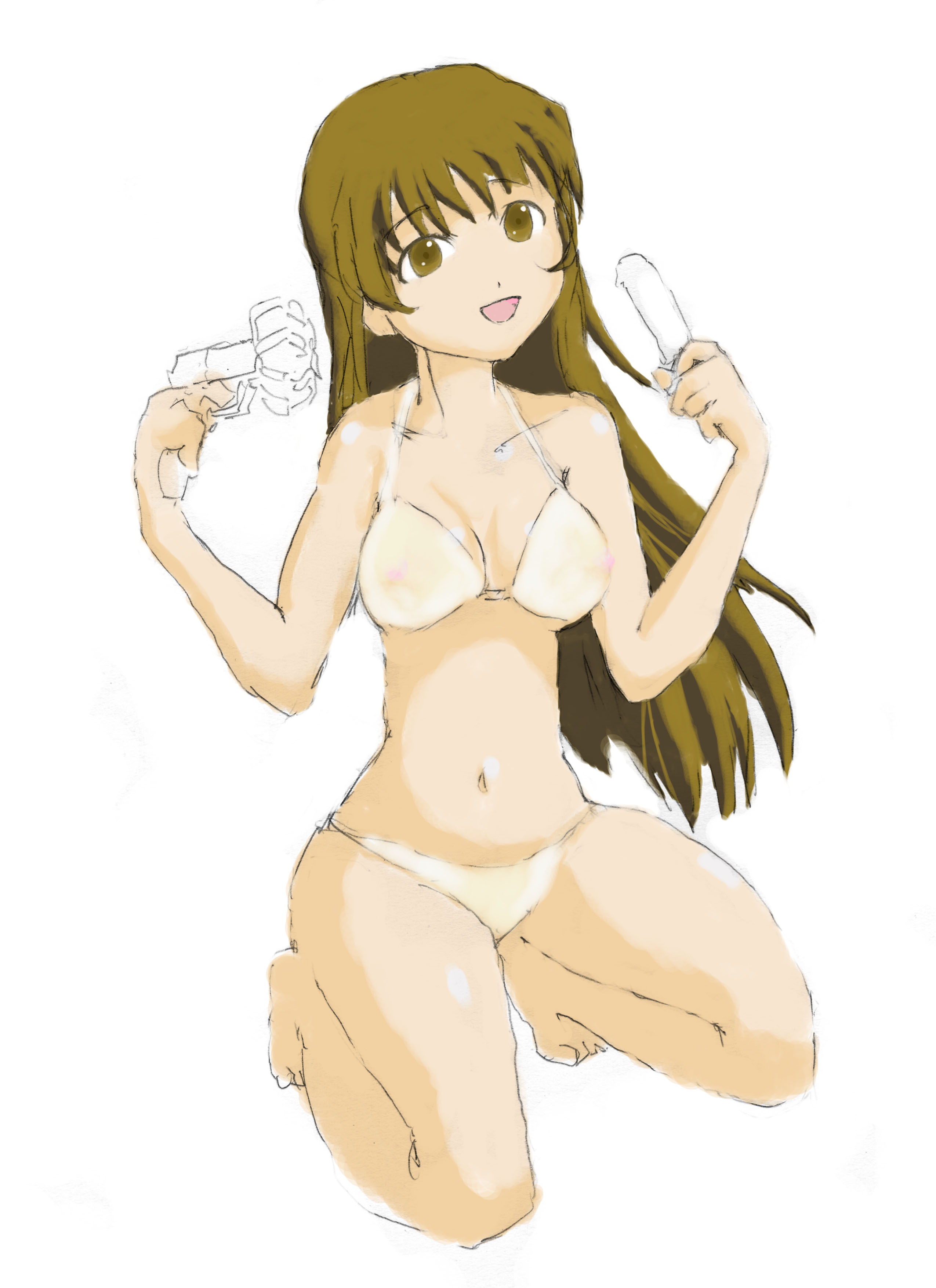 hoshino koe, erica fontaine, sakura taisen, sakura taisen iii, absurdres, highres, 00s, bikini, brown eyes, brown hair, food, hand fan, kneeling, long hair, popsicle, solo, swimsuit, white bikini