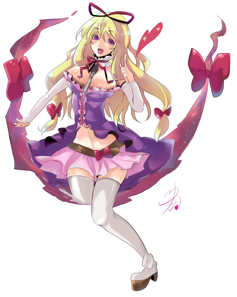 zen (pixiv), zen (raspberry), yakumo yukari, touhou, 1girl, belt, between breasts, blonde hair, breasts, cleavage, elbow gloves, female focus, full body, gap (touhou), gloves, hair ribbon, idol, large breasts, long hair, microphone, midriff, miniskirt, purple eyes, ribbon, simple background, skirt, solo, thighhighs, white background