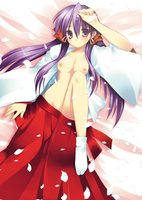 sakura hanpen, hiiragi kagami, lucky star, bad id, bad pixiv id, 00s, 1girl, blush, breasts, cherry blossoms, female focus, groin, hair ribbon, hakama, hakama skirt, hip focus, japanese clothes, long hair, lying, miko, nipples, on back, petals, purple eyes, purple hair, red hakama, ribbon, skirt, small breasts, solo, tabi, tsurime, twintails, wide hips