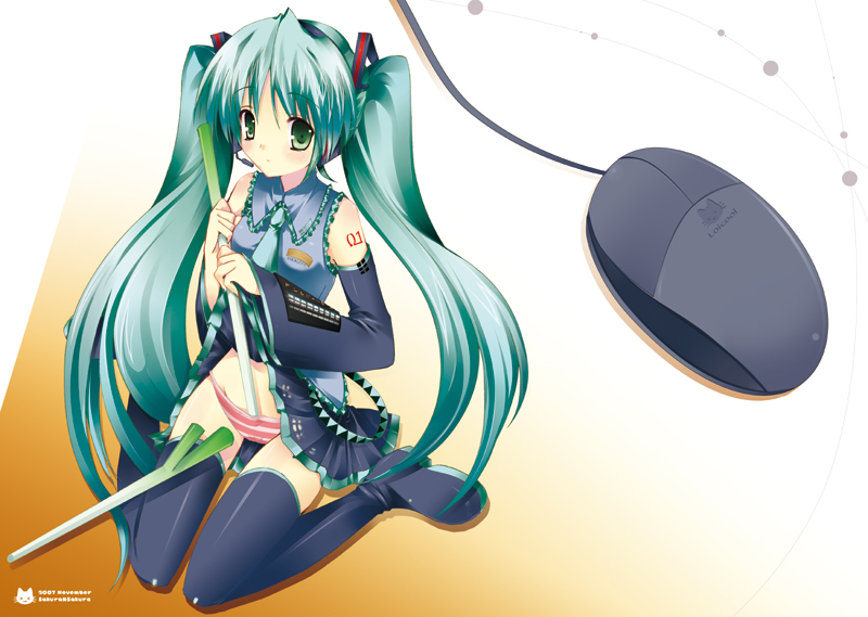 sakura hanpen, hatsune miku, vocaloid, bad id, bad pixiv id, 1girl, aqua hair, computer mouse, detached sleeves, female focus, long hair, necktie, panties, skirt, socks, solo, spring onion, striped clothes, striped panties, thighhighs, twintails, underwear