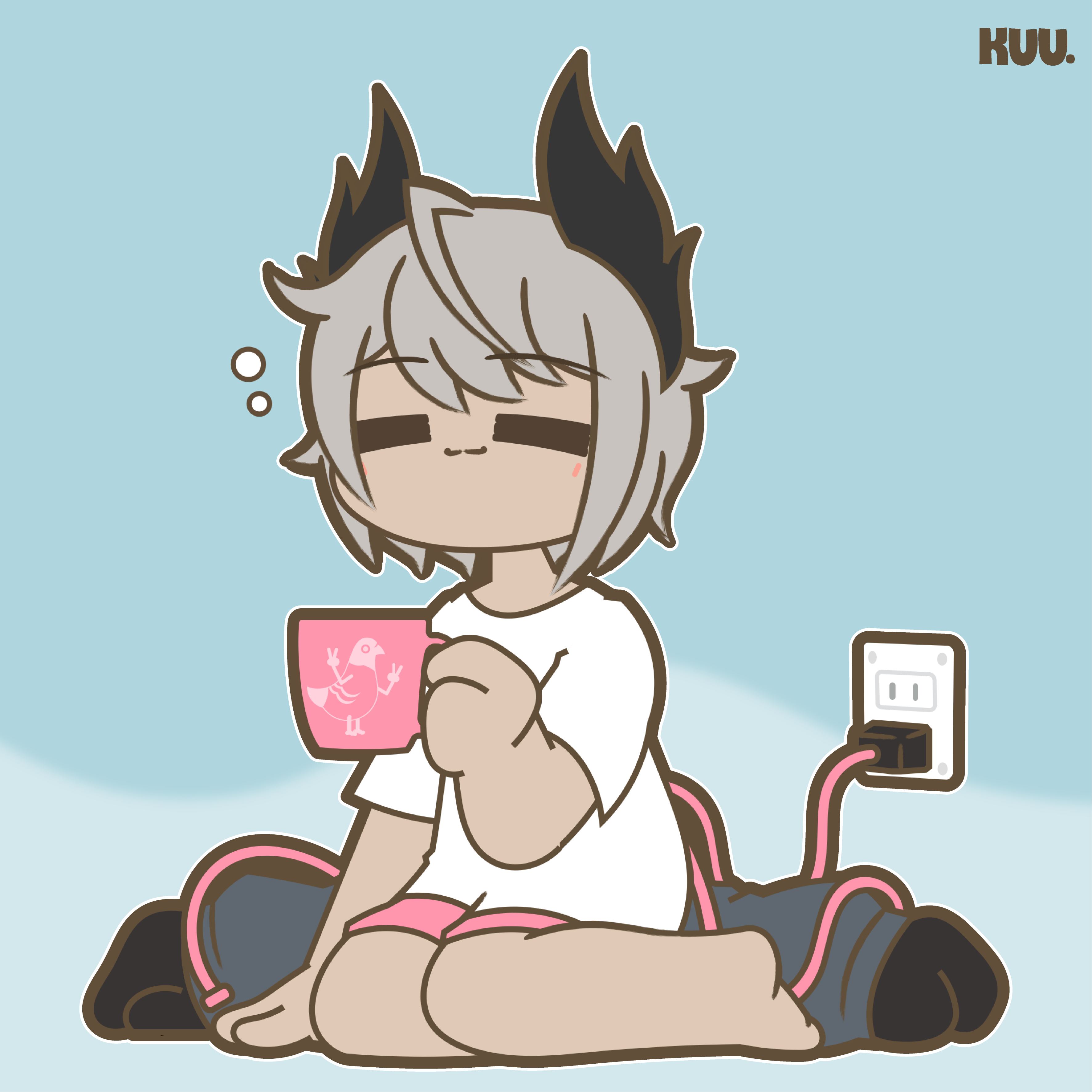 kuhl-notes, raidian (arknights), arknights, absurdres, highres, 1girl, :3, = =, artist name, blue background, closed eyes, cup, electric plug, extra arms, grey hair, head wings, holding, holding cup, mug, pink shorts, shirt, short hair, shorts, simple background, sitting, wariza, white shirt, wings