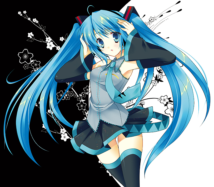 sakura hanpen, hatsune miku, vocaloid, bad id, bad pixiv id, aqua hair, blue eyes, blue hair, detached sleeves, long hair, necktie, skirt, solo, thighhighs, twintails