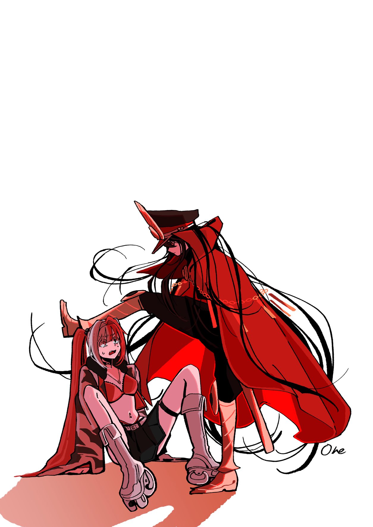 goma1021, matsunaga hitsuhide (fate), oda nobunaga (fate), oda nobunaga (koha-ace), fate/grand order, fate (series), commentary request, highres, 2girls, belt, belt buckle, bikini, bikini top only, black hair, black hat, black pants, blue skirt, buckle, cape, chain, closed mouth, foot kabedon, hair intakes, hat, high collar, kabedon, long hair, looking at another, military hat, multicolored hair, multiple girls, navel, navel piercing, pants, piercing, pink hair, profile, red bikini, red cape, shadow, signature, simple background, sitting, skirt, split-color hair, stomach, sweat, swimsuit, two-tone hair, very long hair, white background, white belt, white hair, yellow eyes