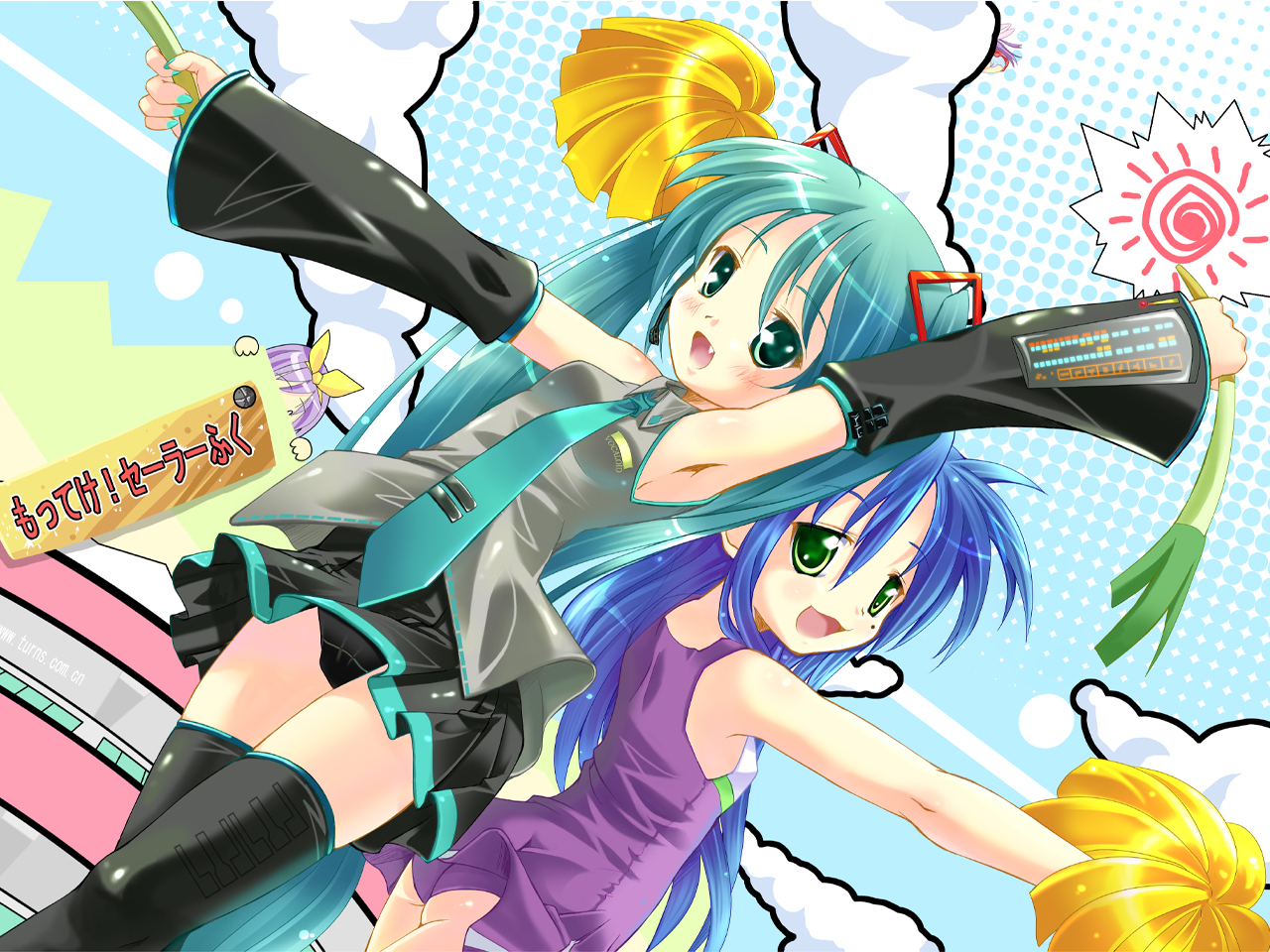 nashigo, hatsune miku, hiiragi tsukasa, izumi konata, lucky star, vocaloid, 00s, 2girls, aqua hair, armpits, black panties, blue hair, cheerleader, clothes lift, detached sleeves, fang, green eyes, long hair, mole, mole under eye, multiple girls, necktie, panties, pantyshot, pom pom (cheerleading), skirt, skirt lift, spring onion, thighhighs, twintails, underwear, zettai ryouiki