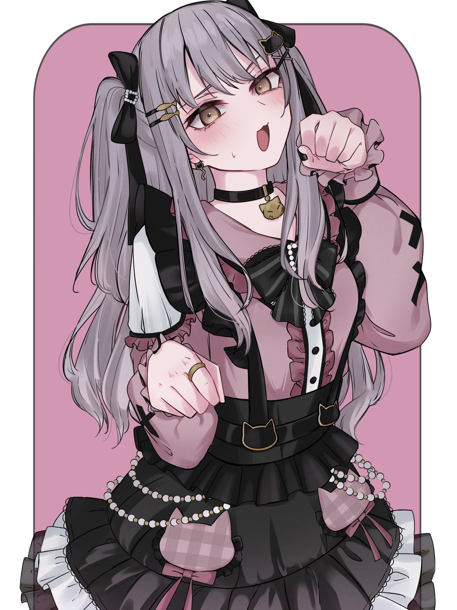 rurunekoma, minato yukina, bang dream!, commentary request, highres, 1girl, black bow, black bowtie, black choker, black skirt, blush, border, bow, bowtie, center frills, choker, earrings, frills, hair ornament, hairclip, jewelry, jirai kei, long hair, looking at viewer, open mouth, outside border, parallel hairclips, paw pose, pink background, pink shirt, ring, shirt, sidelocks, skirt, solo, suspenders, sweatdrop, two side up, white border, yellow eyes