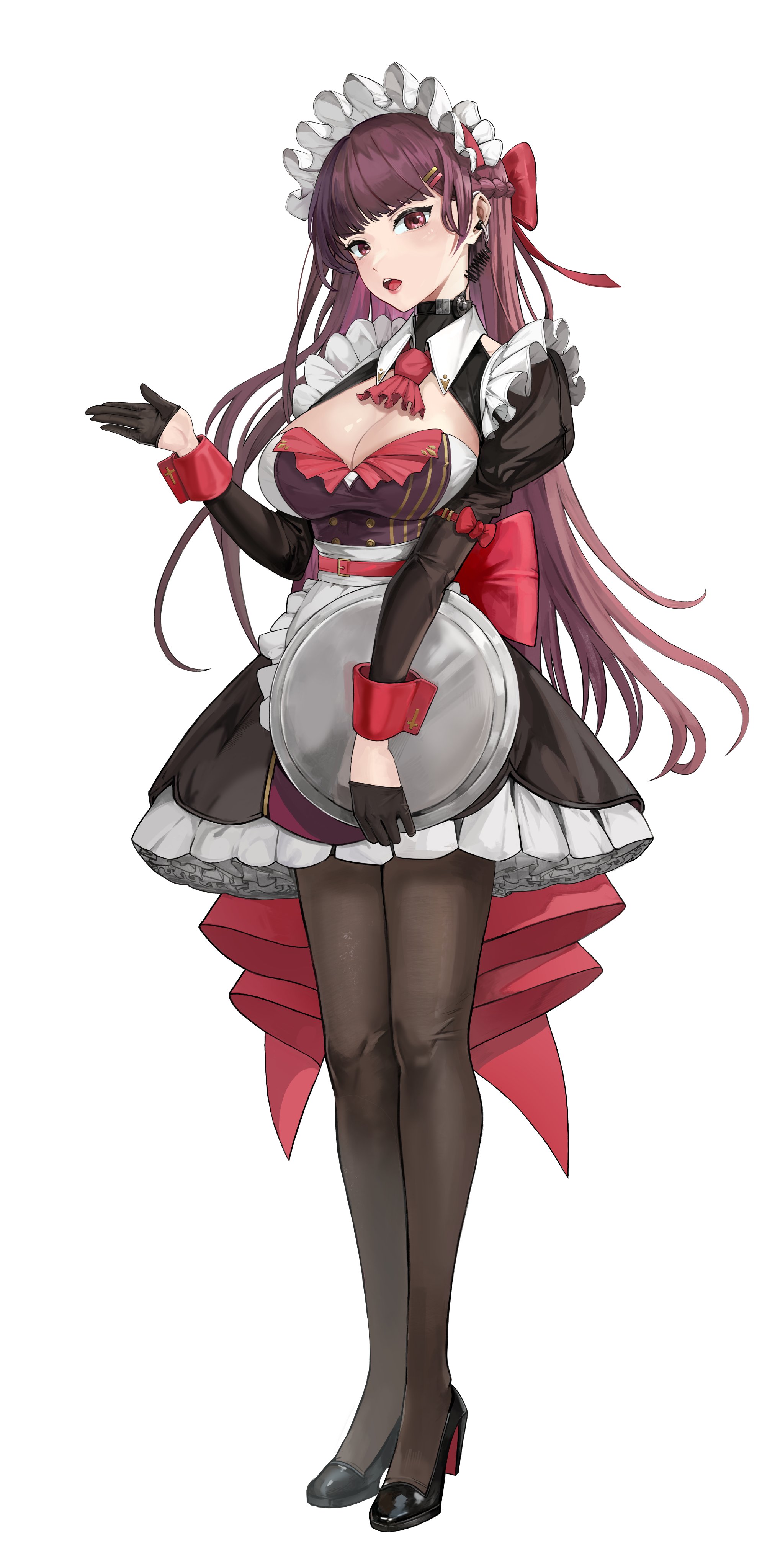 makiatto (girls' frontline 2), wa2000 (girls' frontline), girls' frontline, girls' frontline 2: exilium, absurdres, commentary request, highres, 1girl, alternate costume, ascot, black dress, black gloves, black pantyhose, black shoes, blease, breasts, cleavage, cleavage cutout, clothing cutout, dress, earpiece, enmaided, full body, gloves, hair ornament, hairclip, half gloves, high heels, looking at viewer, maid, maid headdress, open mouth, pantyhose, purple hair, red ascot, red eyes, red wrist cuffs, shoes, short dress, simple background, solo, standing, white background, white headdress, wrist cuffs