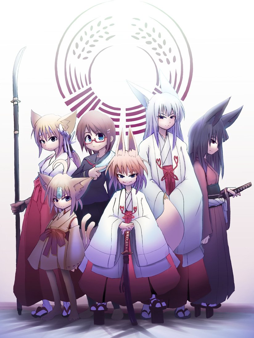 batta (kanzume quality), sayama naokawa, bad id, bad pixiv id, 6+girls, animal ears, barefoot, cat ears, cat tail, fox ears, fox tail, geta, japanese clothes, katana, kimono, multiple girls, polearm, school uniform, serafuku, sword, tabi, tail, tengu-geta, weapon