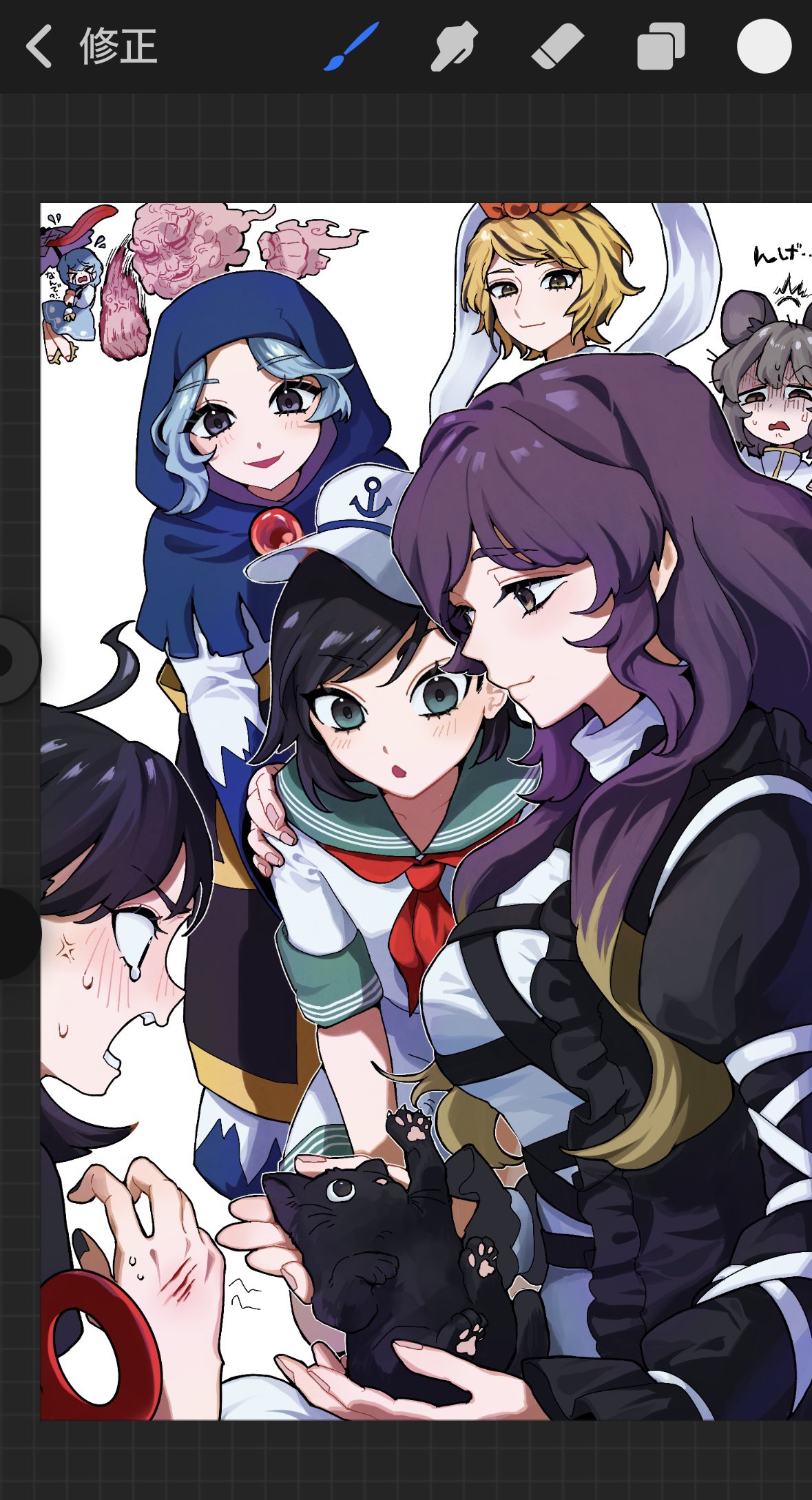 hijiri byakuren, houjuu nue, kumoi ichirin, murasa minamitsu, nazrin, tatara kogasa, toramaru shou, unzan, touhou, undefined fantastic object, highres, 168namu3, 6+girls, anger vein, animal, black hair, gradient hair, hat, holding, holding animal, long hair, looking at animal, medium hair, multicolored hair, multiple girls, sailor hat, surprised, user interface, white background