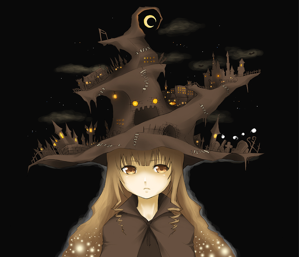 sutagu, black hat, blunt bangs, brown hair, castle, drill hair, frown, halloween, hat, jack-o'-lantern, long hair, solo, star (sky)