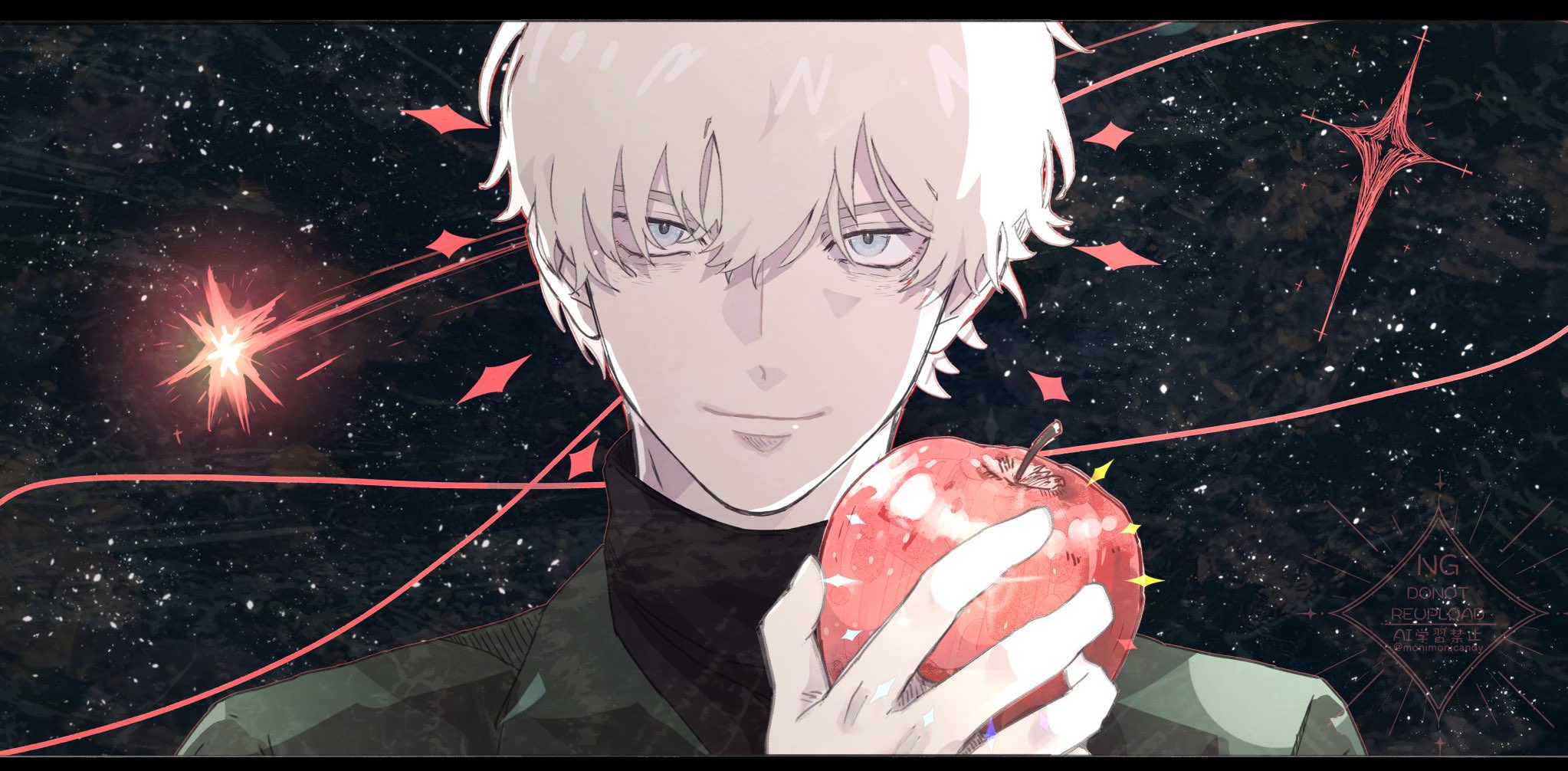 nimo (monimonicandy), char aznable, shirouzu (gundam), gundam, gundam gquuuuuux, commentary, highres, 1boy, apple, black shirt, blonde hair, blue eyes, comet, food, fruit, hair between eyes, holding, holding food, holding fruit, light trail, messy hair, portrait, shirt, short hair, smile, solo, sparkle, sparkling aura, star (sky), starry sky background, tsurime, turtleneck, watermark