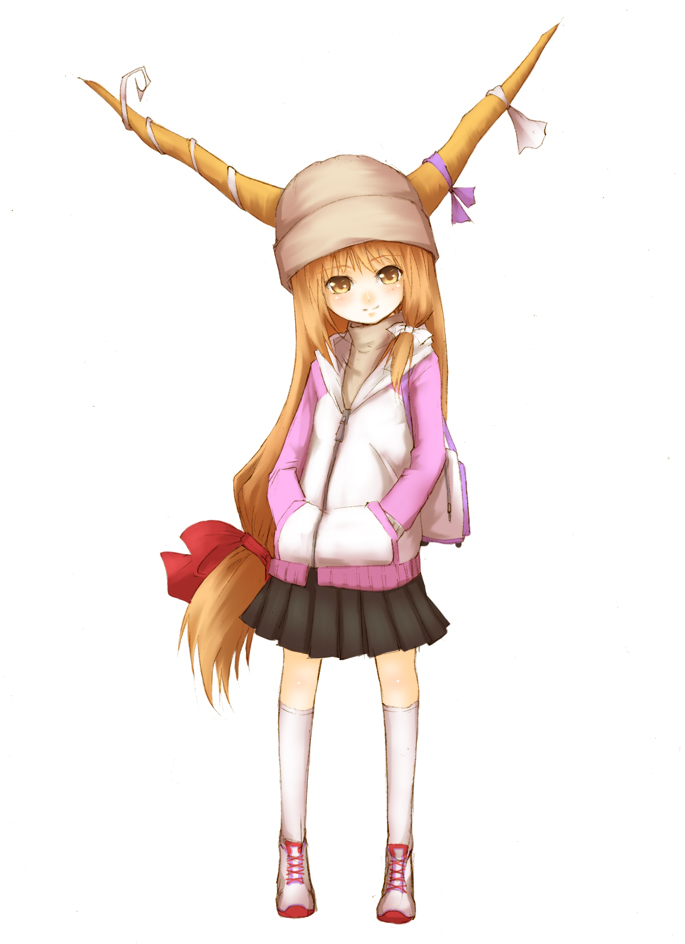 sutagu, ibuki suika, touhou, 1girl, alternate costume, bag, bow, casual, child, contemporary, female focus, hair ribbon, hat, hood, hoodie, horns, long hair, orange hair, ribbon, skirt, socks, solo, very long hair, yellow eyes