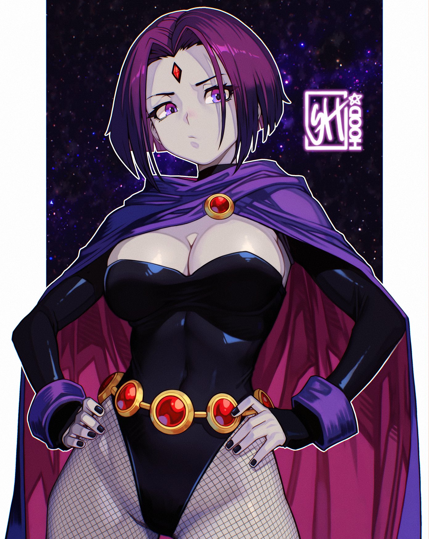 skaggshood, raven (dc), dc comics, teen titans, commentary, highres, 1girl, artist name, black leotard, black nails, breasts, cape, cleavage, closed mouth, forehead jewel, hands on own hips, large breasts, leotard, looking at viewer, purple cape, purple eyes, purple hair, purple wrist cuffs, simple background, solo, star (sky), starry sky background, wrist cuffs