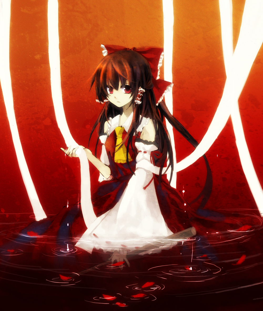 nr (cerumia), nr (cmnrr), nr (pixiv), hakurei reimu, touhou, bad id, bad pixiv id, 1girl, bow, brown hair, detached sleeves, female focus, hair ribbon, japanese clothes, long hair, miko, petals, ponytail, red eyes, ribbon, solo, water, wet