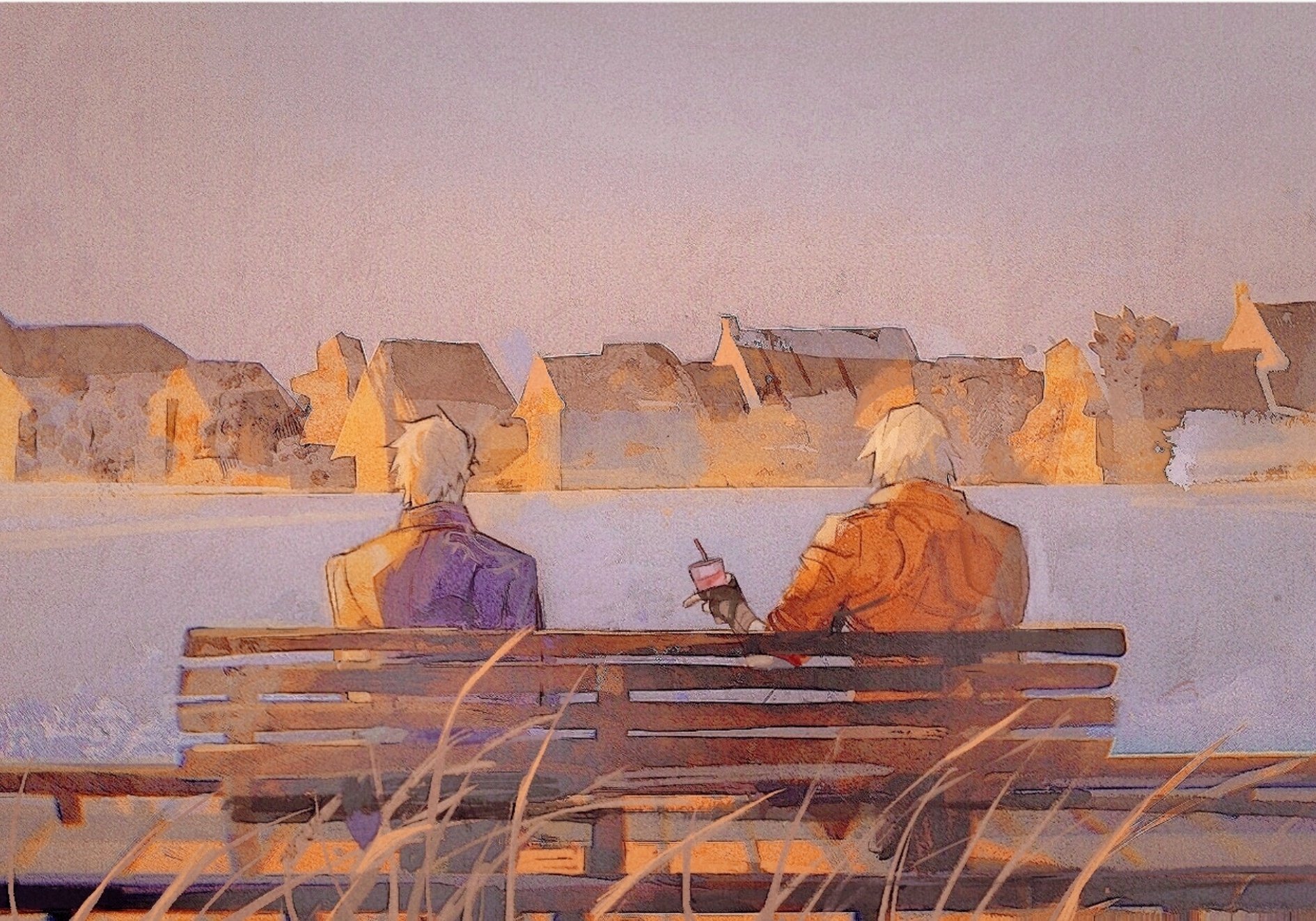 watergrass2814, dante (devil may cry), vergil (devil may cry), devil may cry (series), highres, 2boys, blue coat, brothers, coat, golden hour, multiple boys, outdoors, red coat, siblings, sitting, white hair