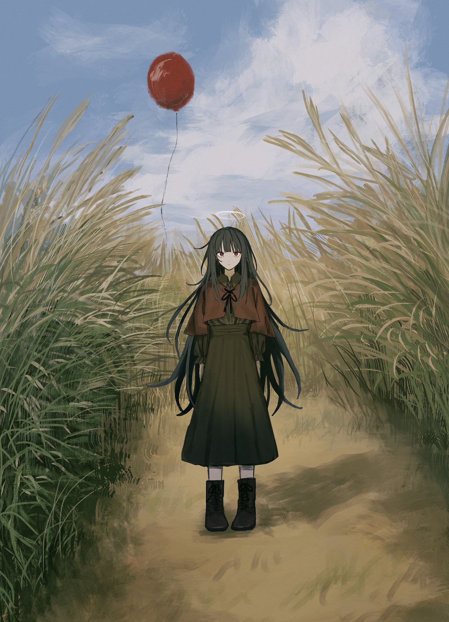 original, highres, 1girl, balloon, black hair, black shoes, black skirt, blue sky, brown capelet, brown shirt, capelet, cloud, collared shirt, full body, grass, halo, high-waist skirt, hitoto 0058, long hair, long skirt, long sleeves, looking at viewer, red eyes, shirt, shoes, skirt, sky, solo, standing, tall grass