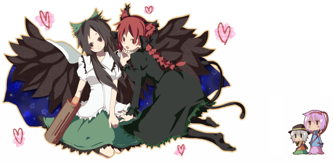 asatsuki hiko, kosui (artist), kaenbyou rin, komeiji koishi, komeiji satori, reiuji utsuho, touhou, silver hair, bad id, bad pixiv id, 4girls, animal ears, black hair, cat ears, cat girl, cat tail, dress, female focus, hat, heart, long hair, multiple girls, pink hair, red hair, ribbon, short hair, skirt, tail, twintails, white background, wings