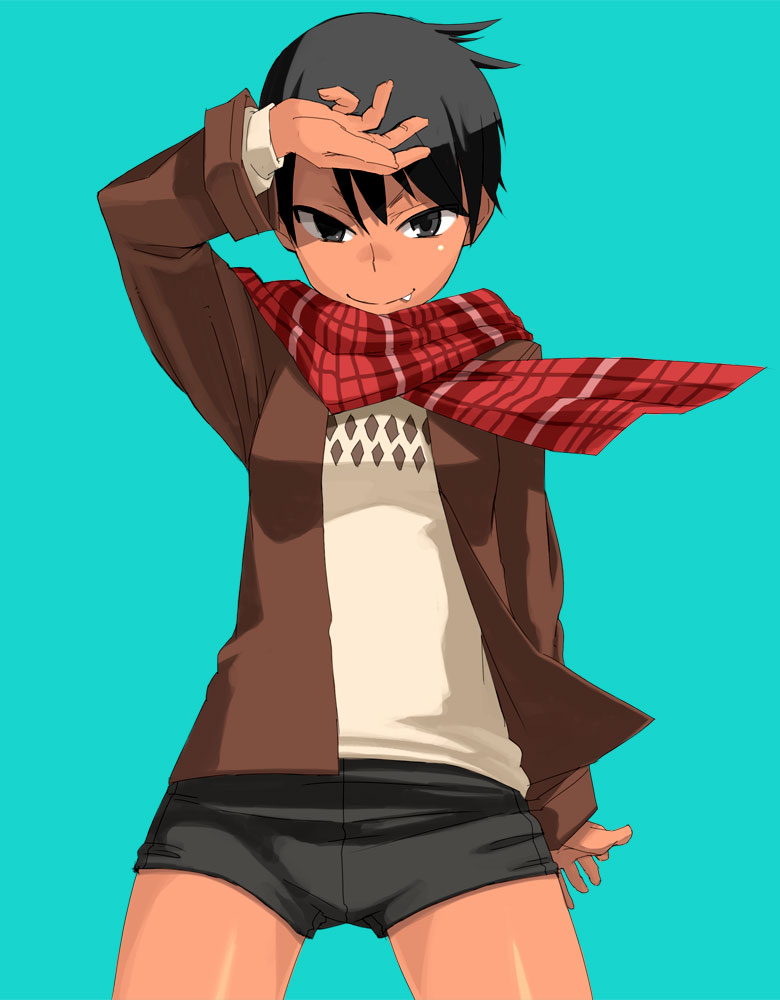 yu 65026, makidera kaede, fate/hollow ataraxia, fate/stay night, fate (series), 00s, 1girl, black eyes, black hair, dark-skinned female, dark skin, fang, female focus, jacket, plaid clothes, plaid scarf, scarf, short hair, shorts, solo, tomboy, wind