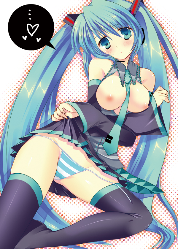 sakura hanpen, hatsune miku, vocaloid, 1girl, aqua hair, blush, boots, breasts, clothes lift, detached sleeves, female focus, long hair, necktie, nipples, panties, side-tie panties, skirt, skirt lift, solo, striped clothes, striped panties, thigh boots, thighhighs, twintails, underwear, untied panties