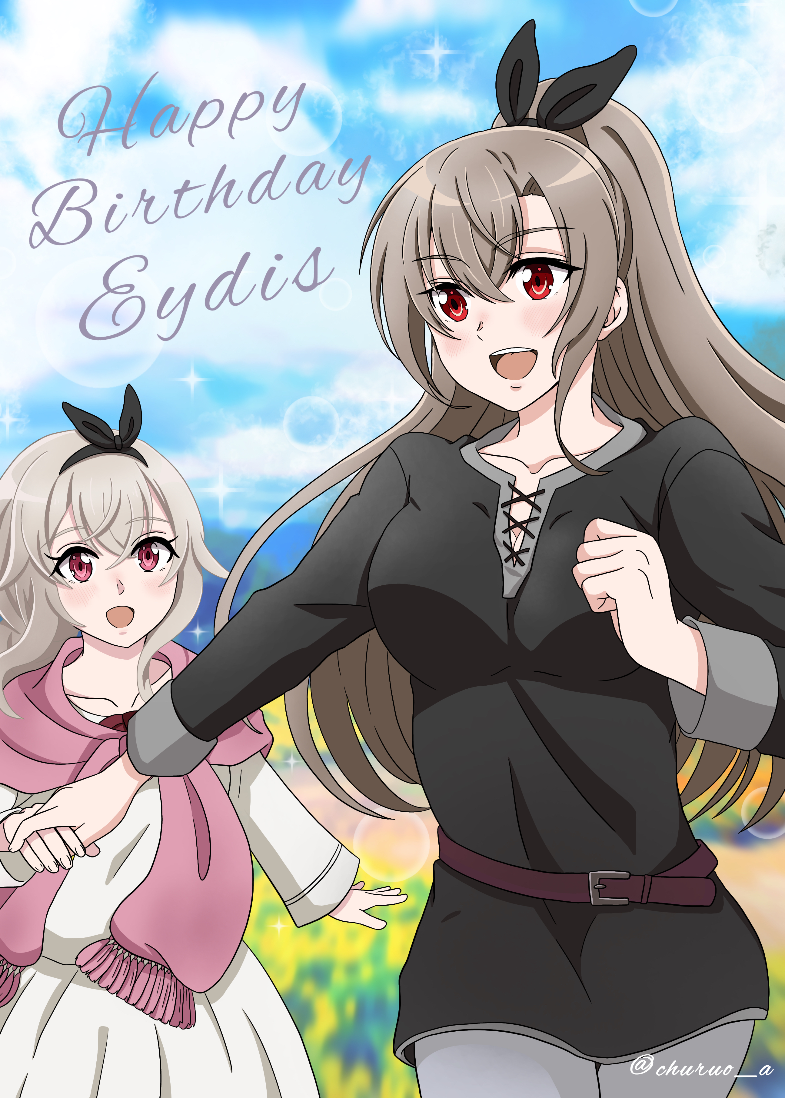 churuo (user zrtr4748), eydis (sao), sword art online, sword art online: alicization, sword art online: unleashed blading, absurdres, commentary request, highres, 2girls, :d, artist name, belt, black ribbon, black shirt, blue sky, blurry, blurry background, breasts, brown belt, brown hair, character name, cloud, cloudy sky, collarbone, cowboy shot, day, dress, eyelashes, grey pants, hair between eyes, hair ribbon, hand grab, happy birthday, high ponytail, long hair, looking at another, mary (sao), medium breasts, multiple girls, neck ribbon, open mouth, outdoors, pants, pink eyes, pink scarf, ponytail, red eyes, red ribbon, ribbon, scarf, shirt, sky, smile, teeth, tongue, twitter username, upper teeth only, white dress