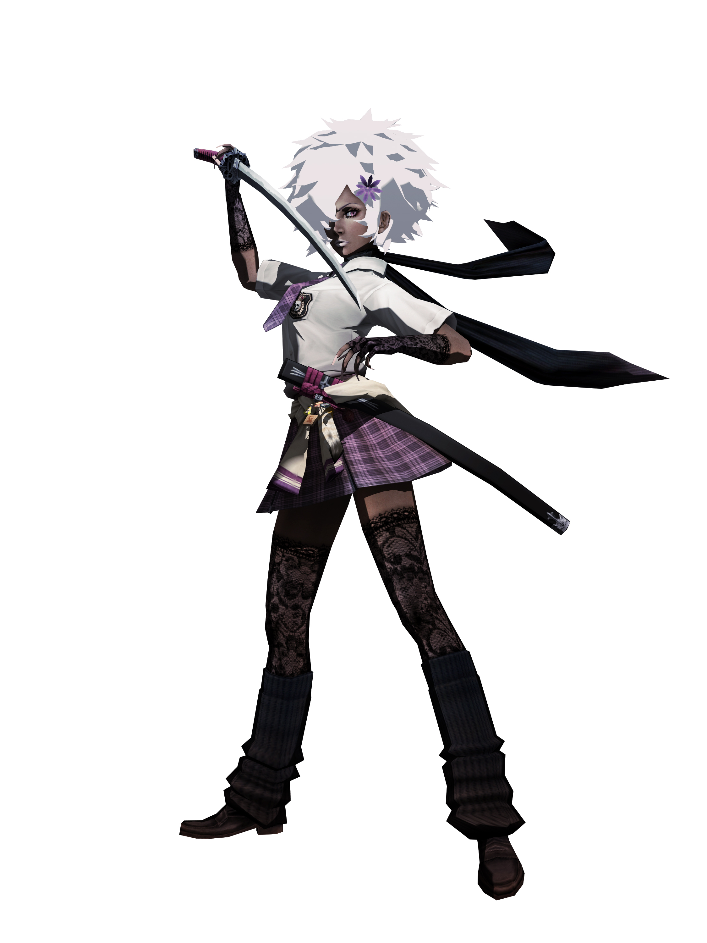 shinobu jacobs, grasshopper manufacture, no more heroes, absurdres, highres, official art, 1girl, 3d, dark-skinned female, dark skin, female focus, flower, ganguro, gyaru, lipstick, makeup, necktie, skirt, solo, sword, thighhighs, weapon, white hair