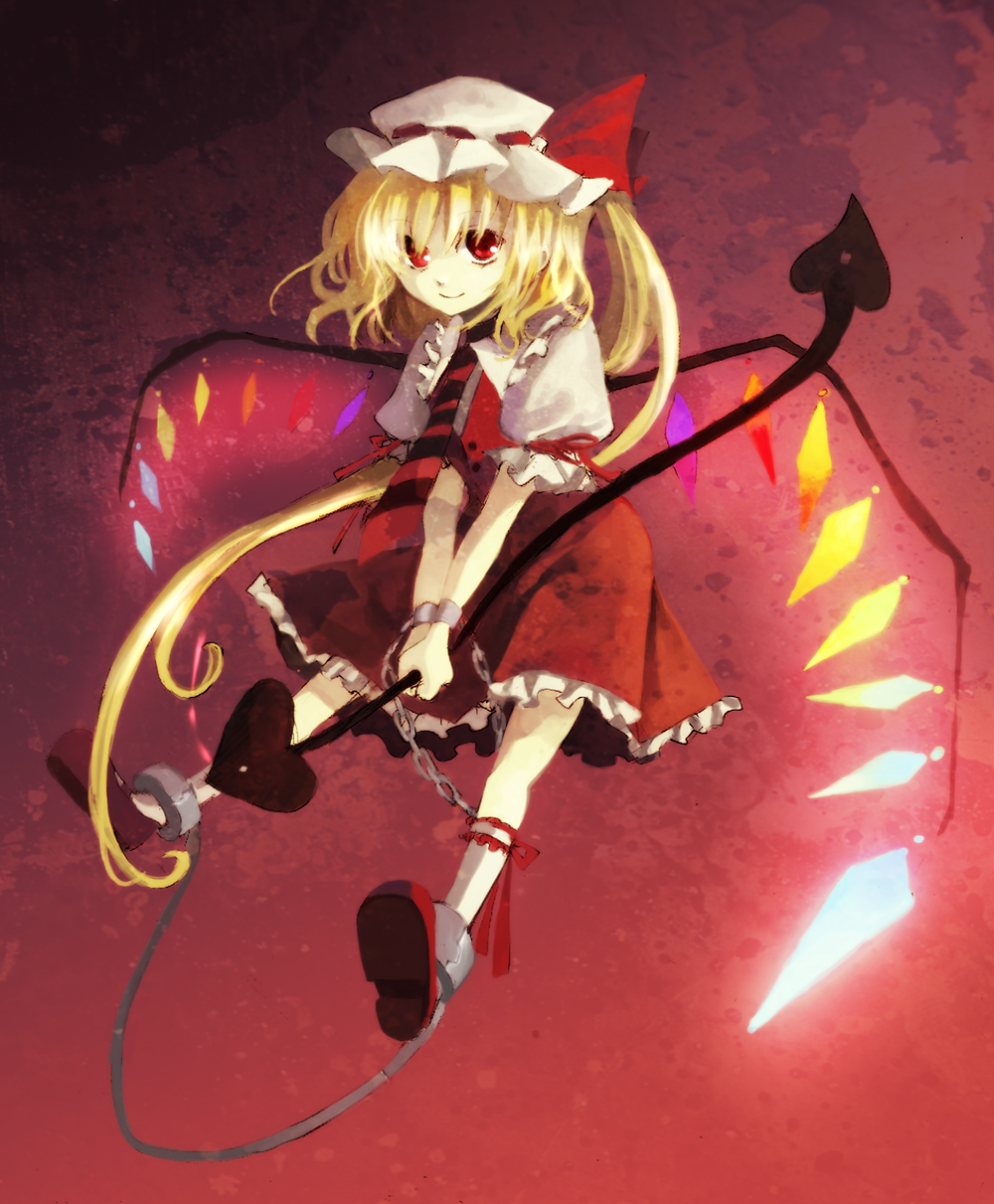 nr (cerumia), nr (cmnrr), nr (pixiv), flandre scarlet, touhou, bad id, bad pixiv id, highres, 1girl, blonde hair, bow, chain, female focus, hat, hat ribbon, mob cap, necktie, one side up, red eyes, ribbon, side ponytail, solo, wings