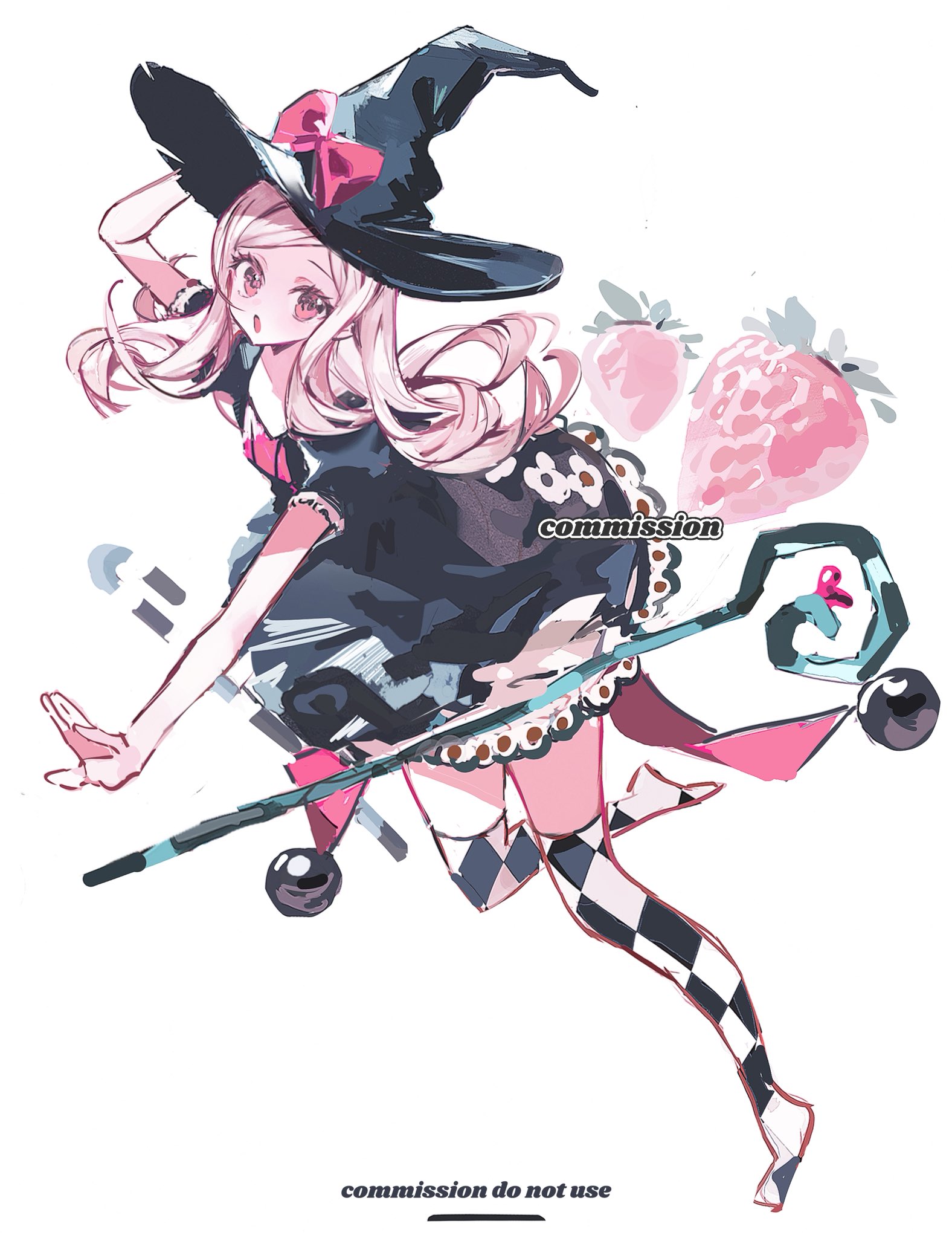 pukiko99, original, commission, highres, 1girl, argyle clothes, argyle thighhighs, black dress, black hat, black thighhighs, dress, food, fruit, full body, hat, long hair, looking at viewer, open mouth, pink eyes, pink hair, simple background, solo, staff, strawberry, thighhighs, white background, white thighhighs, witch, witch hat