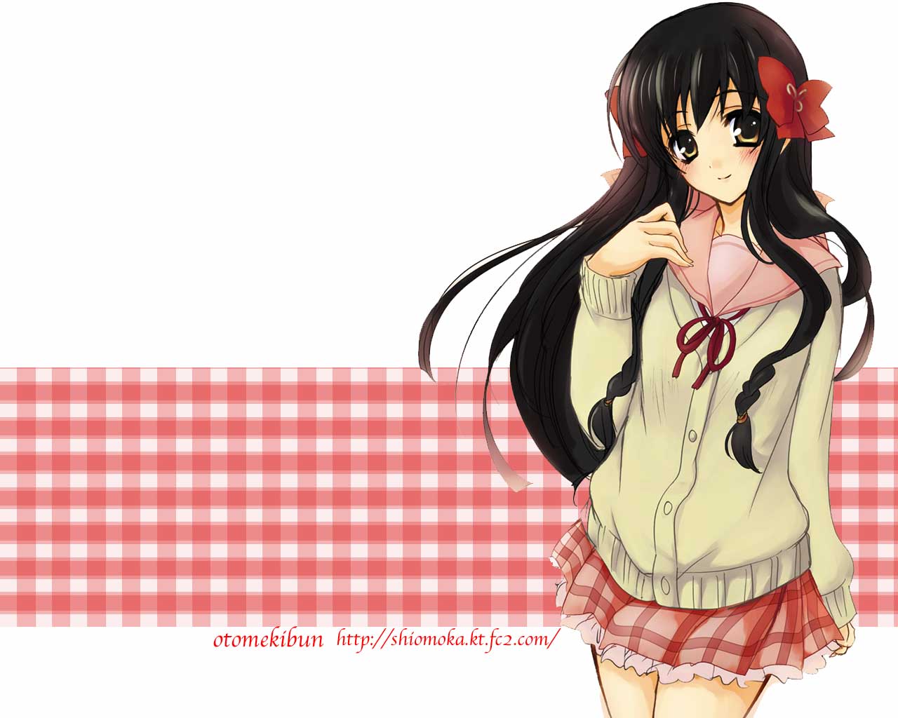 sanshoku amido, minamoto chikaru, strawberry panic!, 00s, 1girl, black hair, blush, brown eyes, female focus, hair ribbon, long hair, long sleeves, ribbon, school uniform, skirt, smile, solo, sweater, watermark, web address, white background