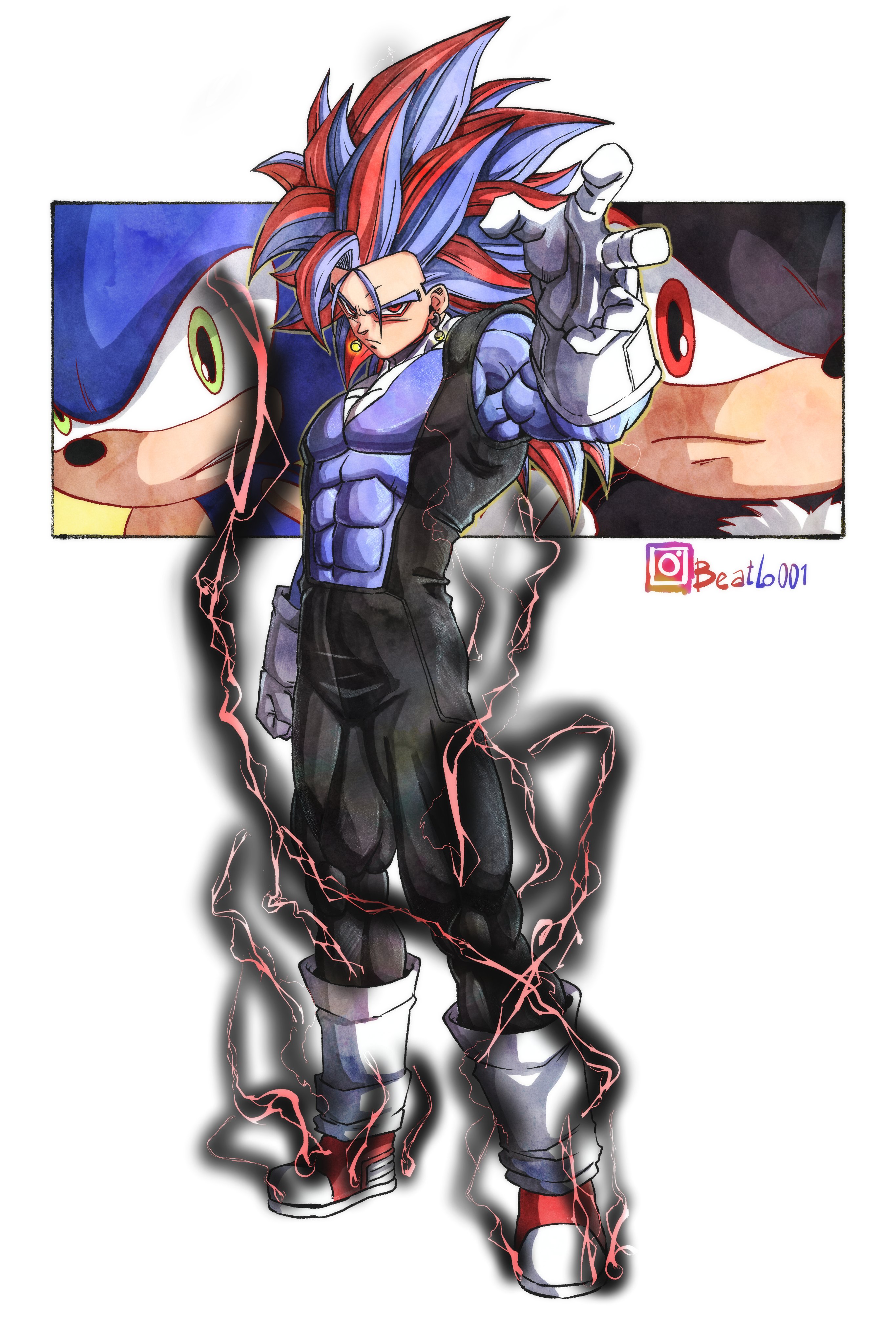 beatlo (rodrigo38658978), shadow the hedgehog, sonic the hedgehog, dragon ball, dragonball z, sonic (series), absurdres, commentary, english commentary, highres, 3boys, abs, blue hair, boots, earrings, electricity, full body, gloves, green eyes, humanization, jewelry, long hair, multicolored hair, multiple boys, muscular, potara earrings, red eyes, red hair, solo focus, spiked hair, toriyama akira (style), two-tone hair, white boots, white gloves