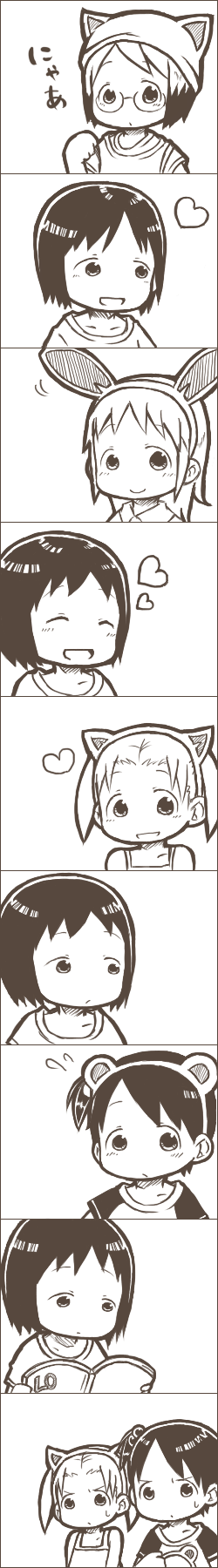 papiko, ana coppola, itou chika, itou nobue, matsuoka miu, sakuragi matsuri, ichigo mashimaro, highres, long image, tall image, 5girls, animal ears, cat ears, child, comic, greyscale, hat, long hair, monochrome, multiple girls, rabbit ears, short hair, siblings, silent comic, sisters, twintails