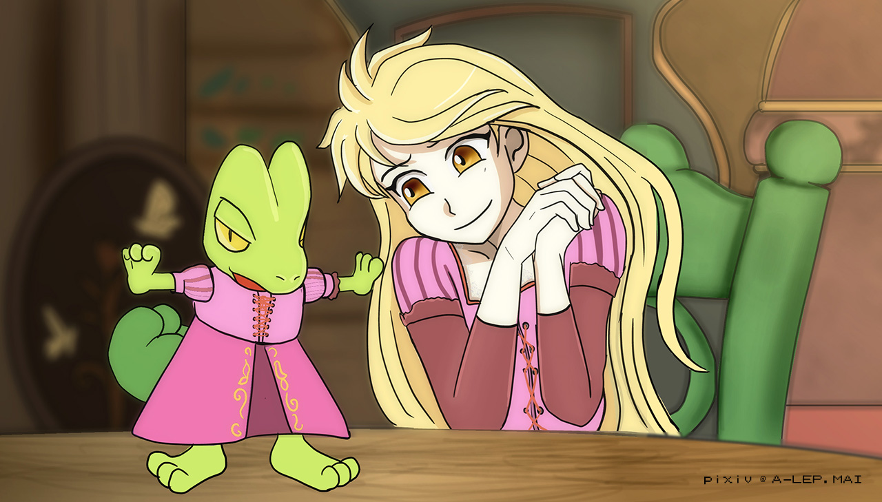 rapunzel (disney), treecko, yellow (pokemon), nintendo, pokemon, pokemon adventures, highres, 1girl, ahoge, alternate costume, alternate hairstyle, blonde hair, chair, clothed pokemon, dress, eyelashes, female focus, flat chest, gen 3 pokemon, hair down, hands up, happy, head tilt, indoors, long dress, long hair, long sleeves, looking at another, own hands together, parody, pink dress, pokemon (creature), purrrloin, sitting, smile, standing on object, table, very long hair, wooden chair, wooden table, yellow eyes