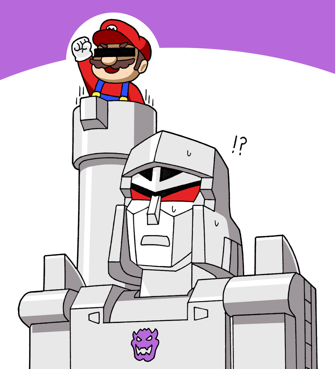 mario, megatron, hasbro, mario (series), nintendo, transformers, transformers: generation 1, 2boys, brown hair, facial hair, gloves, grin, hat, joints, multiple boys, mustache, open mouth, overalls, red eyes, robot, robot joints, smile, surprised, sweat