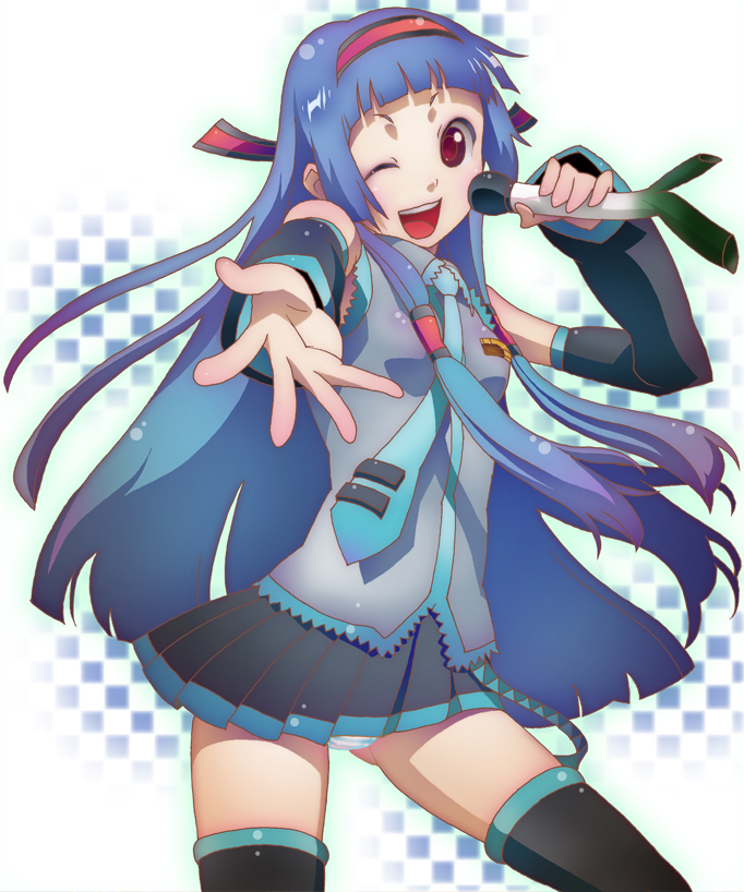 masyu, hatsune miku, nagi, kannagi, vocaloid, bad id, bad pixiv id, 1girl, blue hair, blunt bangs, cosplay, female focus, hair tubes, hatsune miku (cosplay), long hair, one eye closed, panties, parody, skirt, socks, solo, spring onion, thighhighs, underwear, wink