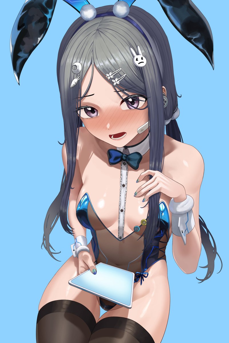 silvertsuki, exia (hacker rabbit) (nikke), exia (nikke), goddess of victory: nikke, highres, 1girl, animal ears, bags under eyes, black hair, black thighhighs, blue background, blue bow, blue bowtie, blue nails, blush, bow, bowtie, buttons, carrot hair ornament, crescent, crescent hair ornament, detached collar, earpiece, embarrassed, food-themed hair ornament, fur wrist cuffs, hair ornament, hand up, holding, holding tablet pc, invisible chair, leotard, long hair, long sidelocks, looking at viewer, low twintails, open mouth, playboy bunny, pom pom (clothes), pom pom hair ornament, purple eyes, rabbit ears, rabbit hair ornament, see-through clothes, see-through leotard, sidelocks, sitting, solo, strapless, strapless leotard, tablet pc, thigh gap, thighhighs, twintails, wrist cuffs