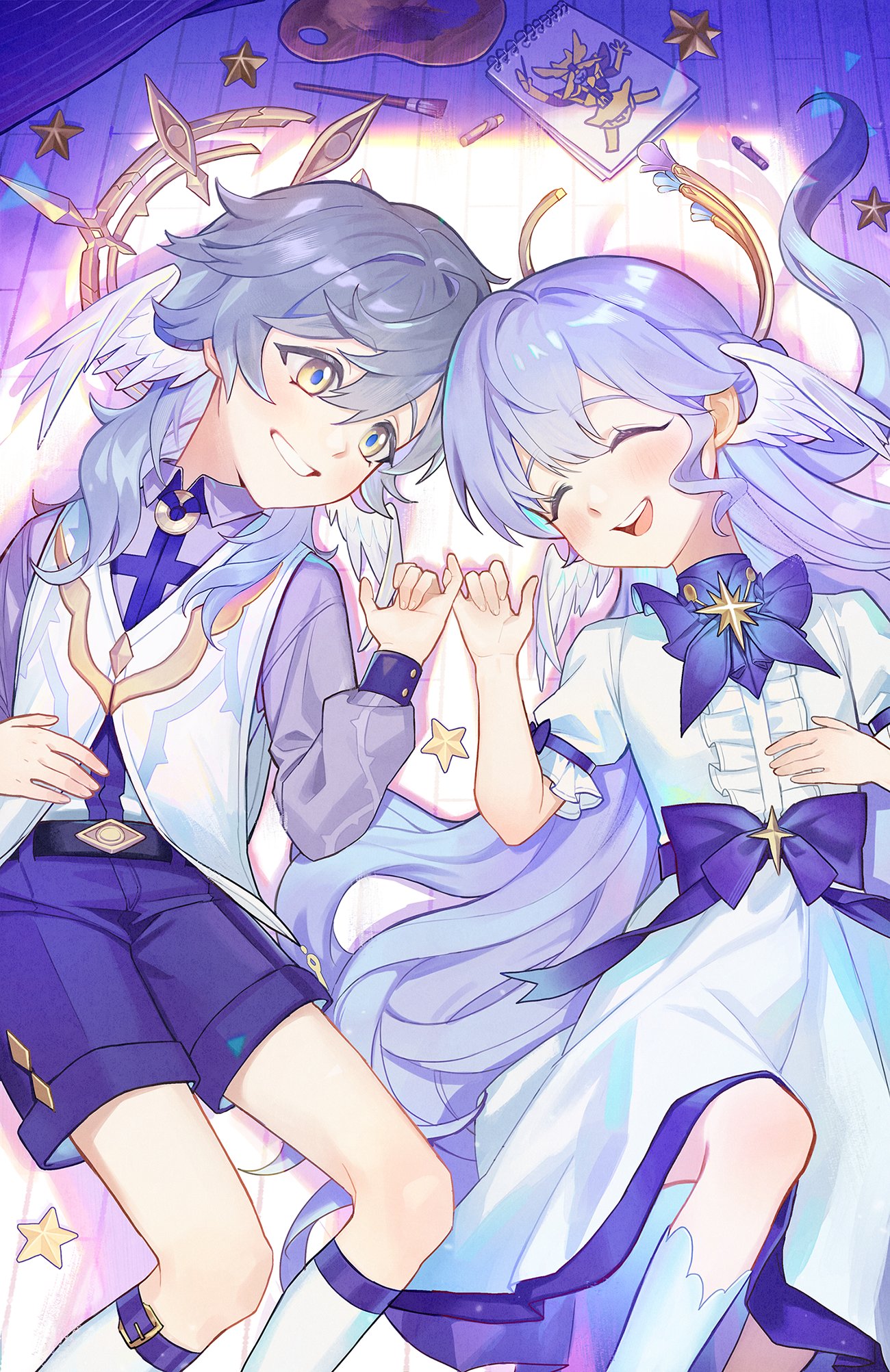 x (comira), robin (concert for two) (honkai: star rail), robin (honkai: star rail), sunday (concert for two) (honkai: star rail), sunday (honkai: star rail), honkai: star rail, honkai (series), commentary request, highres, korean commentary, 1boy, 1girl, aged down, art brush, blue pupils, bow, braid, brother and sister, closed eyes, collared shirt, crayon, drawing (object), dress, dress bow, feathered wings, feet out of frame, grey hair, grey shirt, grin, hair between eyes, halo, halo behind head, hand up, happy, head wings, indoors, knee up, light blush, long hair, long sleeves, looking at another, lying, medium hair, on back, open mouth, paint palette, paintbrush, pinky swear, puffy long sleeves, puffy short sleeves, puffy sleeves, purple bow, purple hair, purple shorts, septimus (honkai: star rail), shirt, short sleeves, shorts, siblings, side-by-side, sketchbook, smile, socks, spiked halo, star (symbol), teeth, upper teeth only, vest, white dress, white socks, white vest, white wings, wings, wooden floor, yellow eyes