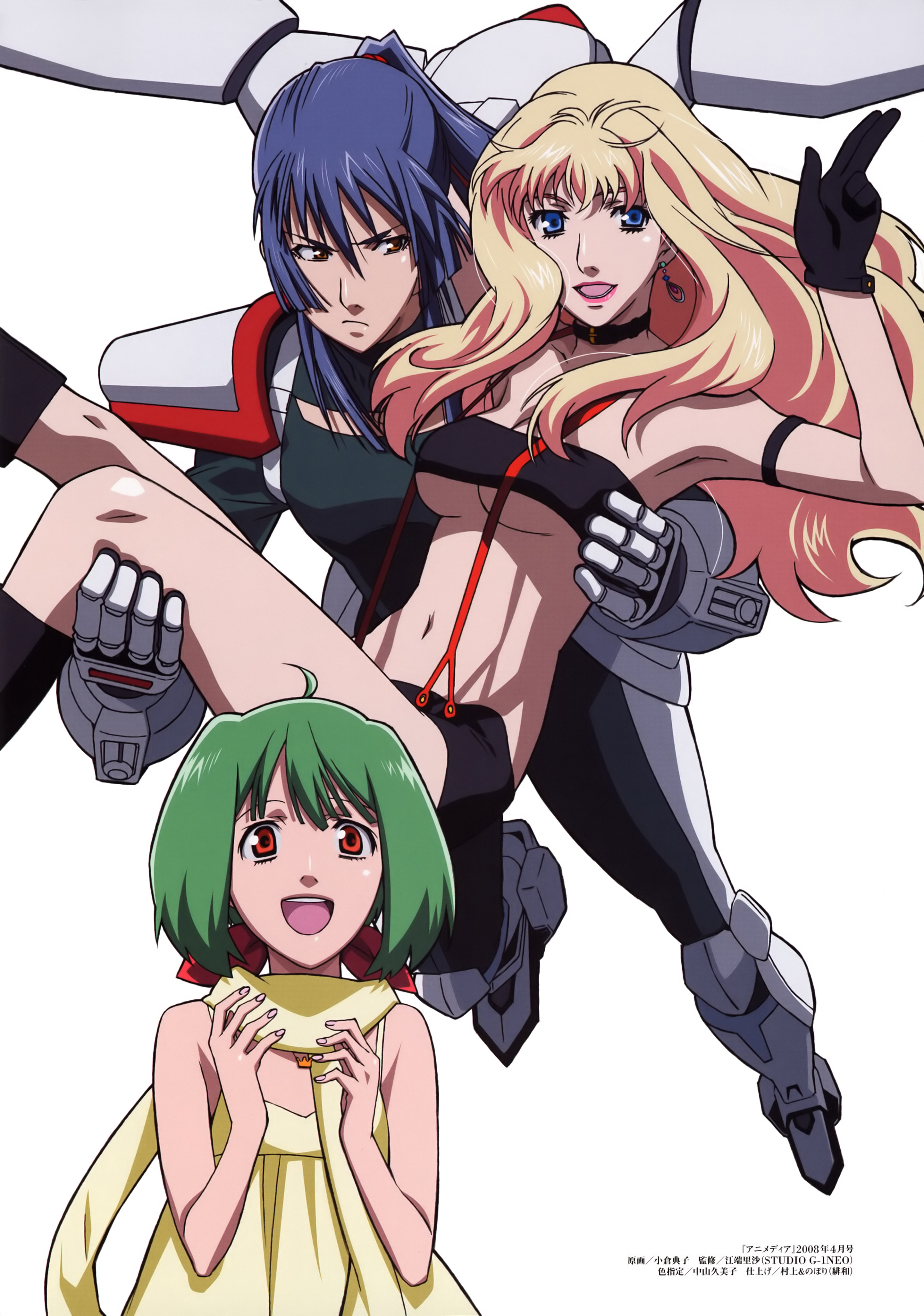 ogura noriko, ex-gear, ranka lee, saotome alto, sheryl nome, macross, macross frontier, absurdres, highres, official art, scan, 00s, 1boy, 2girls, :d, carrying, gloves, mecha, midriff, multiple girls, navel, open mouth, power suit, robot, smile, suspenders