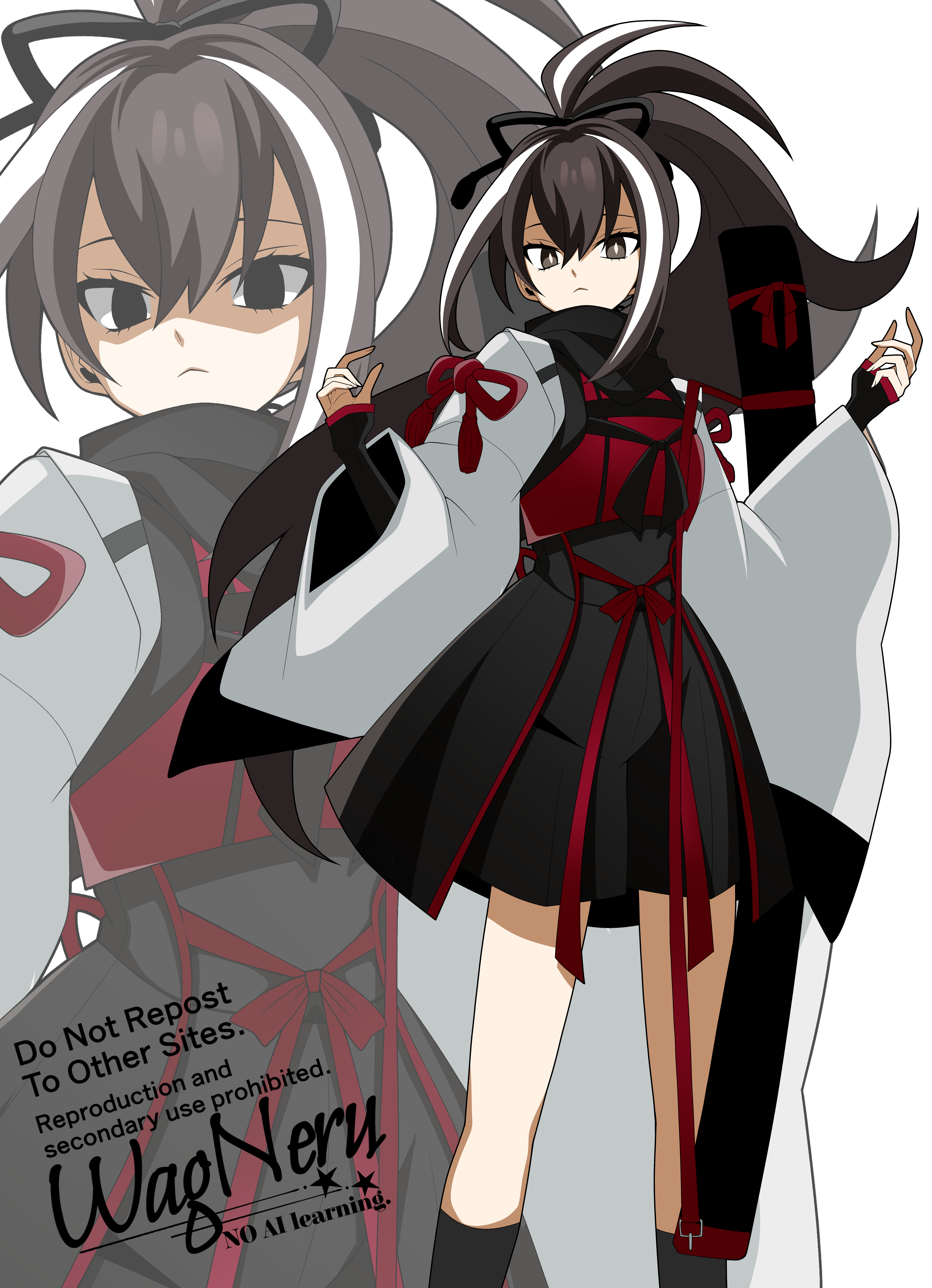 wagu neru, kawakami gensai (fate), fate/grand order, fate (series), absurdres, highres, 1girl, black hair, black scarf, black skirt, breasts, brown eyes, cropped shirt, kneehighs, long hair, long sleeves, looking at viewer, medium breasts, multicolored hair, ponytail, red shirt, scarf, shirt, sidelocks, skirt, socks, streaked hair, thighs, white hair, white sleeves, wide sleeves, zoom layer