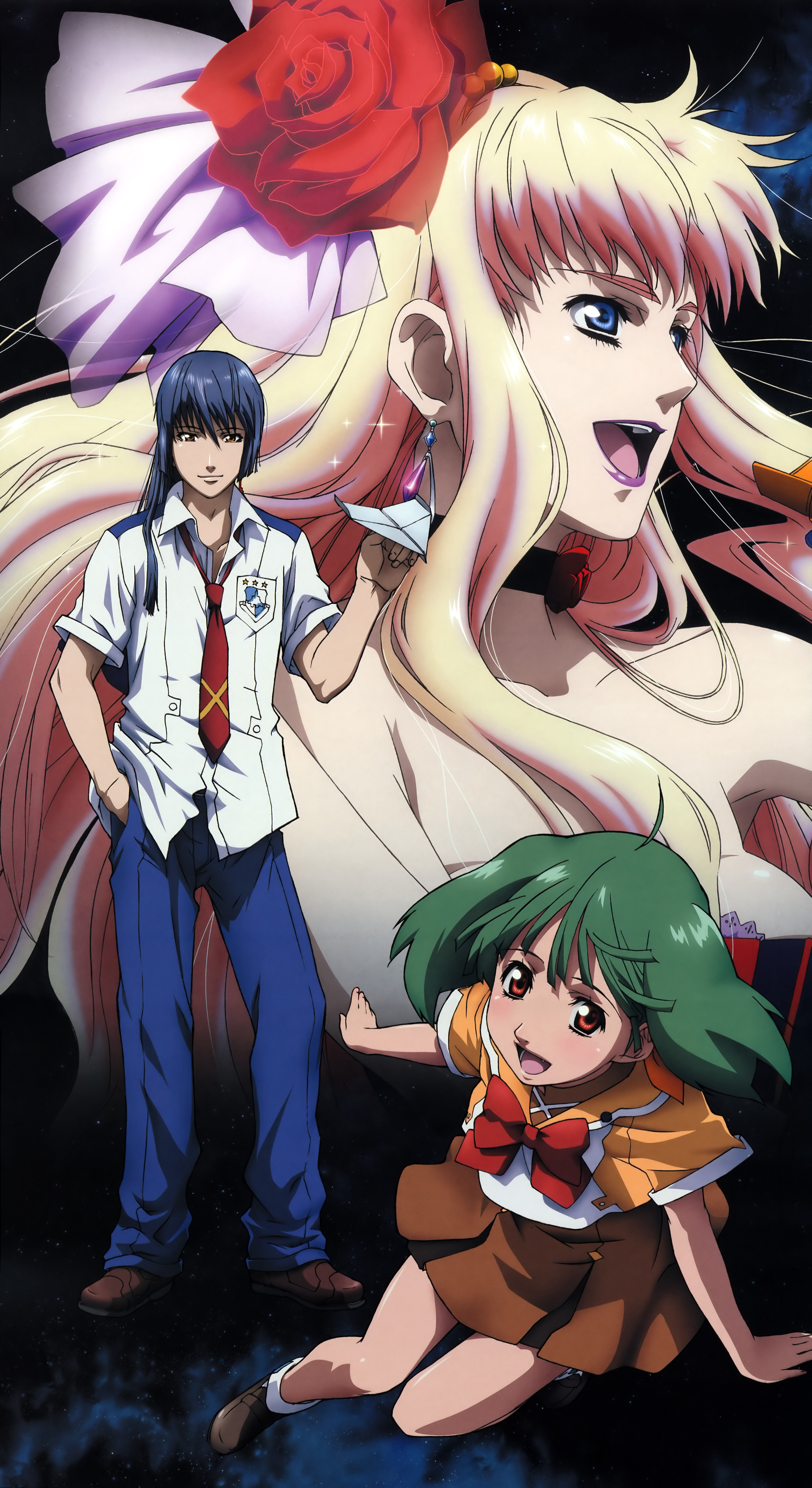 ranka lee, saotome alto, sheryl nome, macross, macross frontier, absurdres, highres, scan, 00s, 1boy, 2girls, multiple girls, school uniform, serafuku